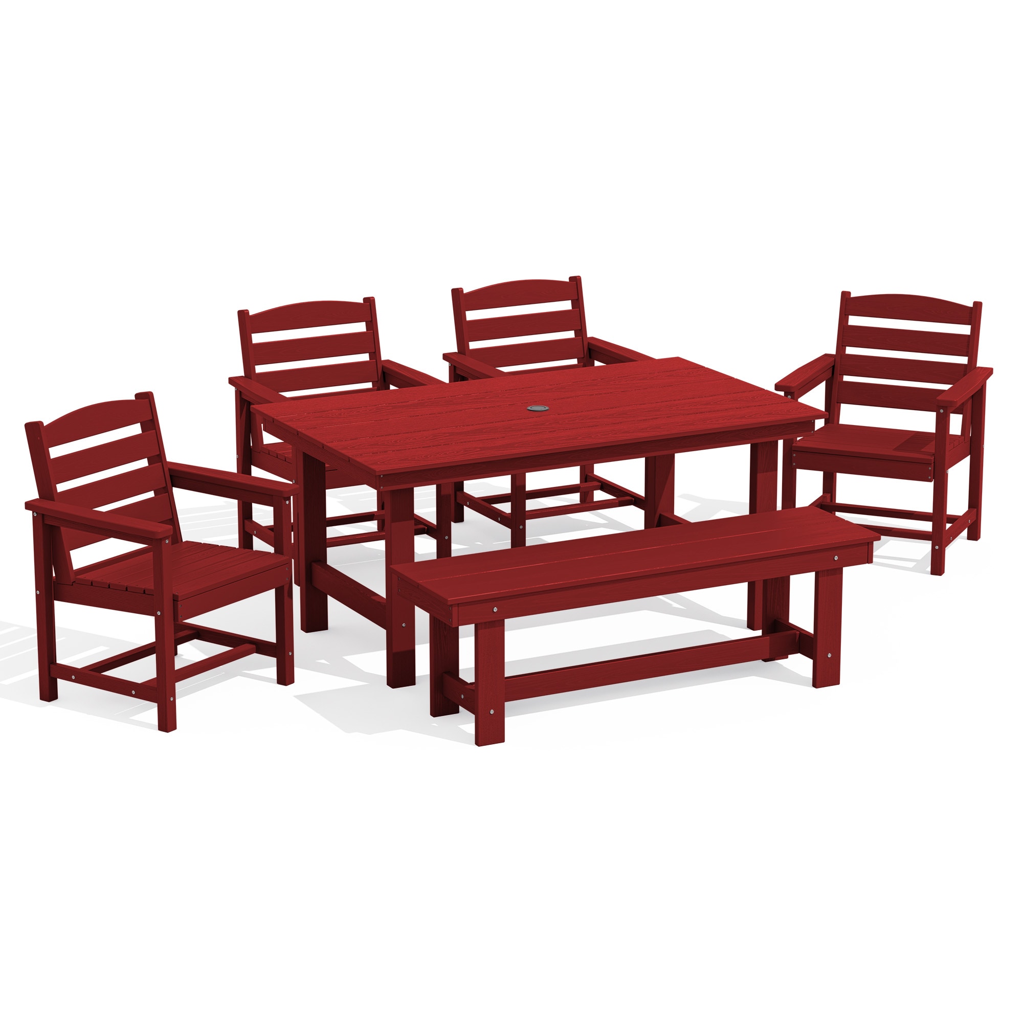 JEAREY PEJYCZY06-DR 6-Pieces HDPE Dining Set with 4 Chairs,1 Bench,1 Table 6 -Piece Dark Red Patio Dining Set Plastic Rectangle Table with 4 Stackable Stationary Chairs