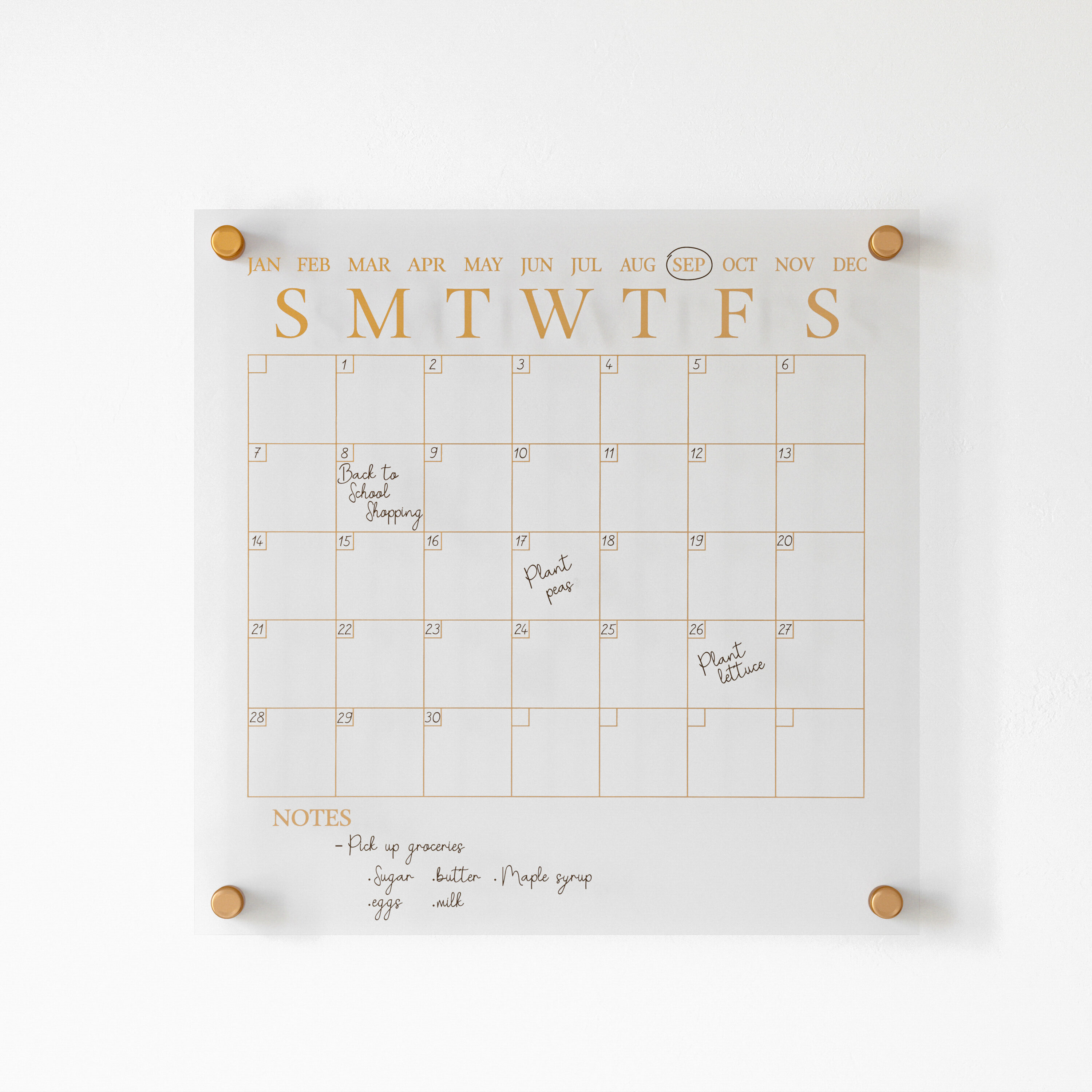 Clear Gold Acrylic Monthly Wall Calendar with Dry Erase Marker