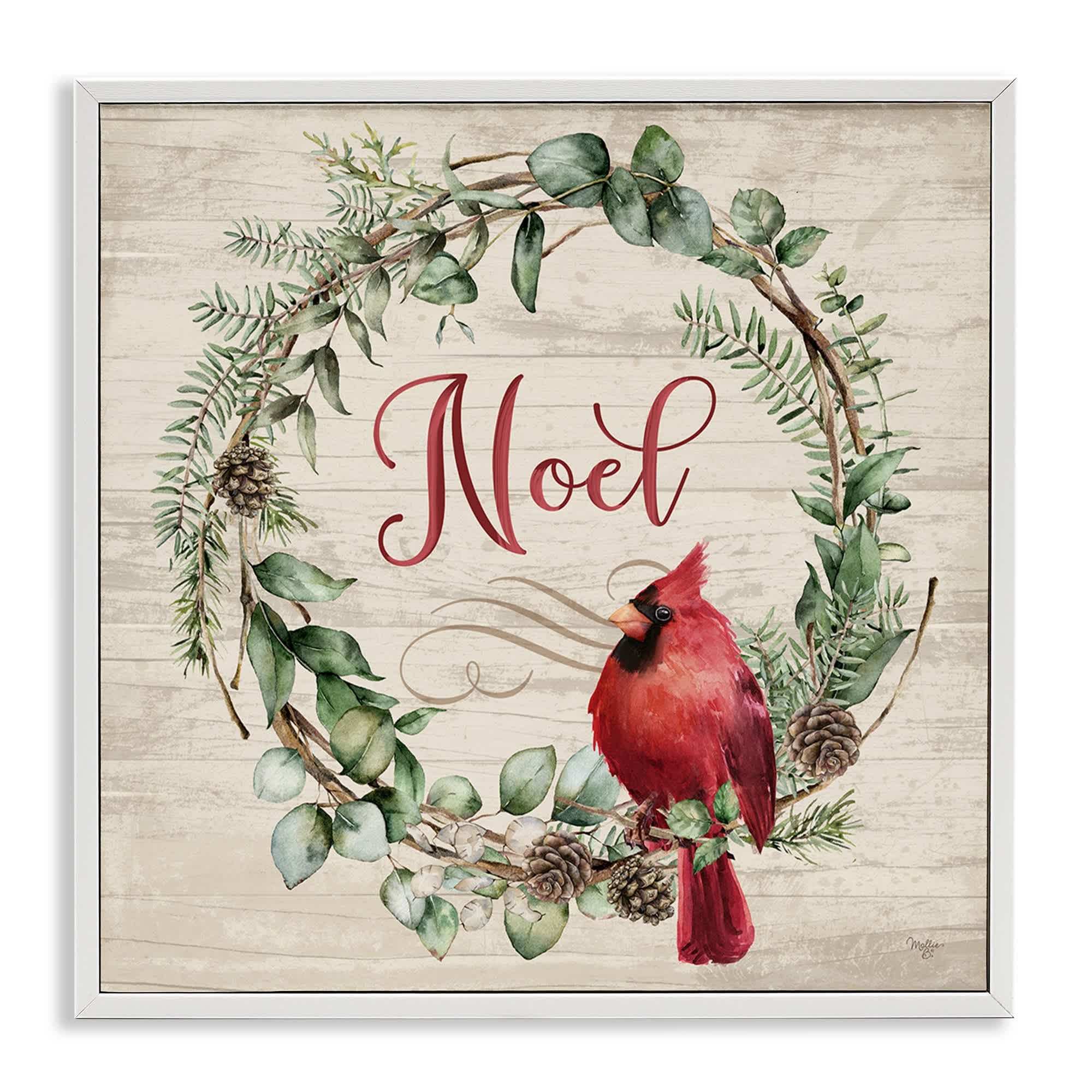 Stupell Industries BT-538-WFR-24X24 Noel Wreath with Cardinal White Framed Giclee Art By Mollie B. 24 x 24