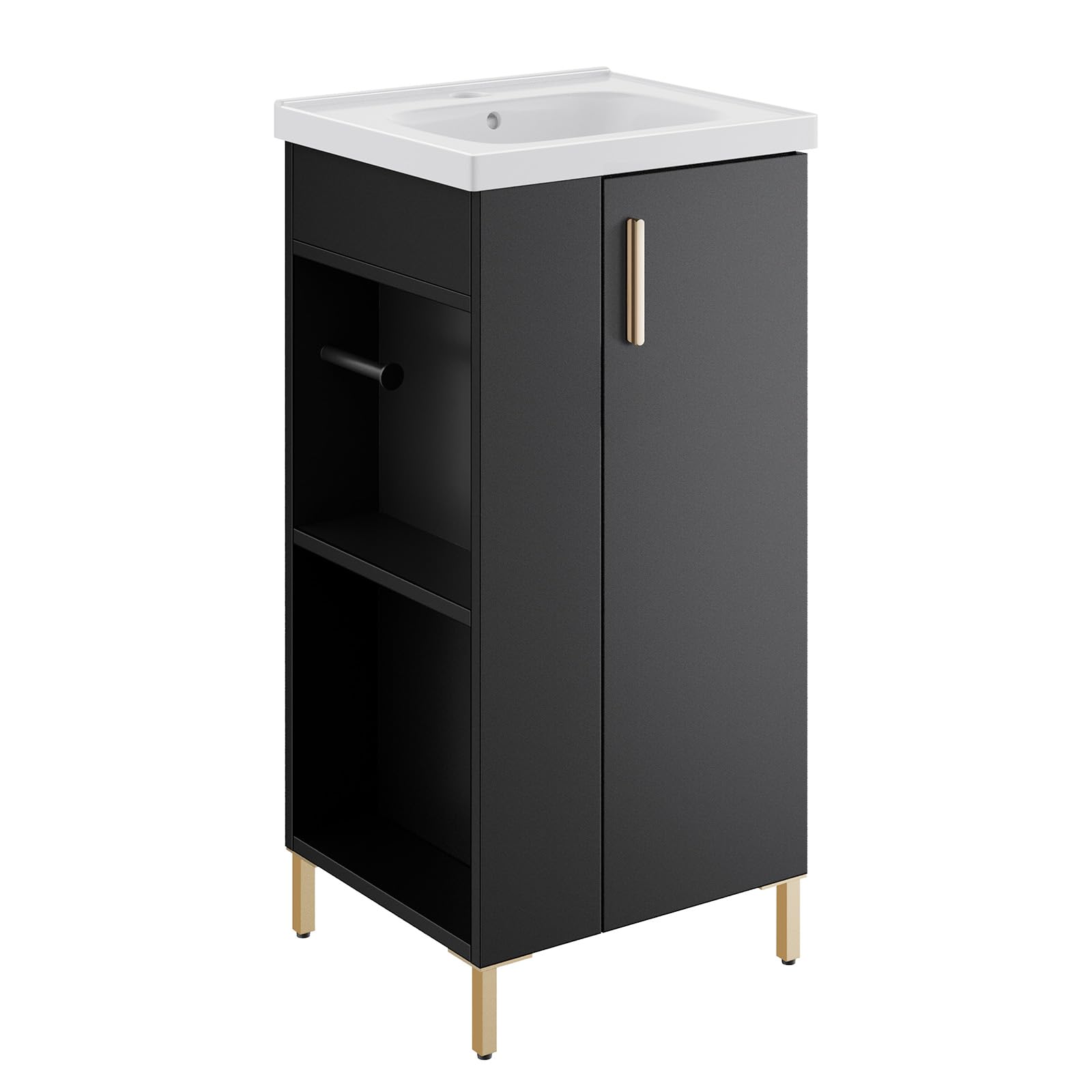 KIWDZFU  Preassembled 16 Inch Black Bathroom Vanity Freestanding Cabinet with Ceramic Sink Soft Close Door Left Storage Eco Friendly Materials No