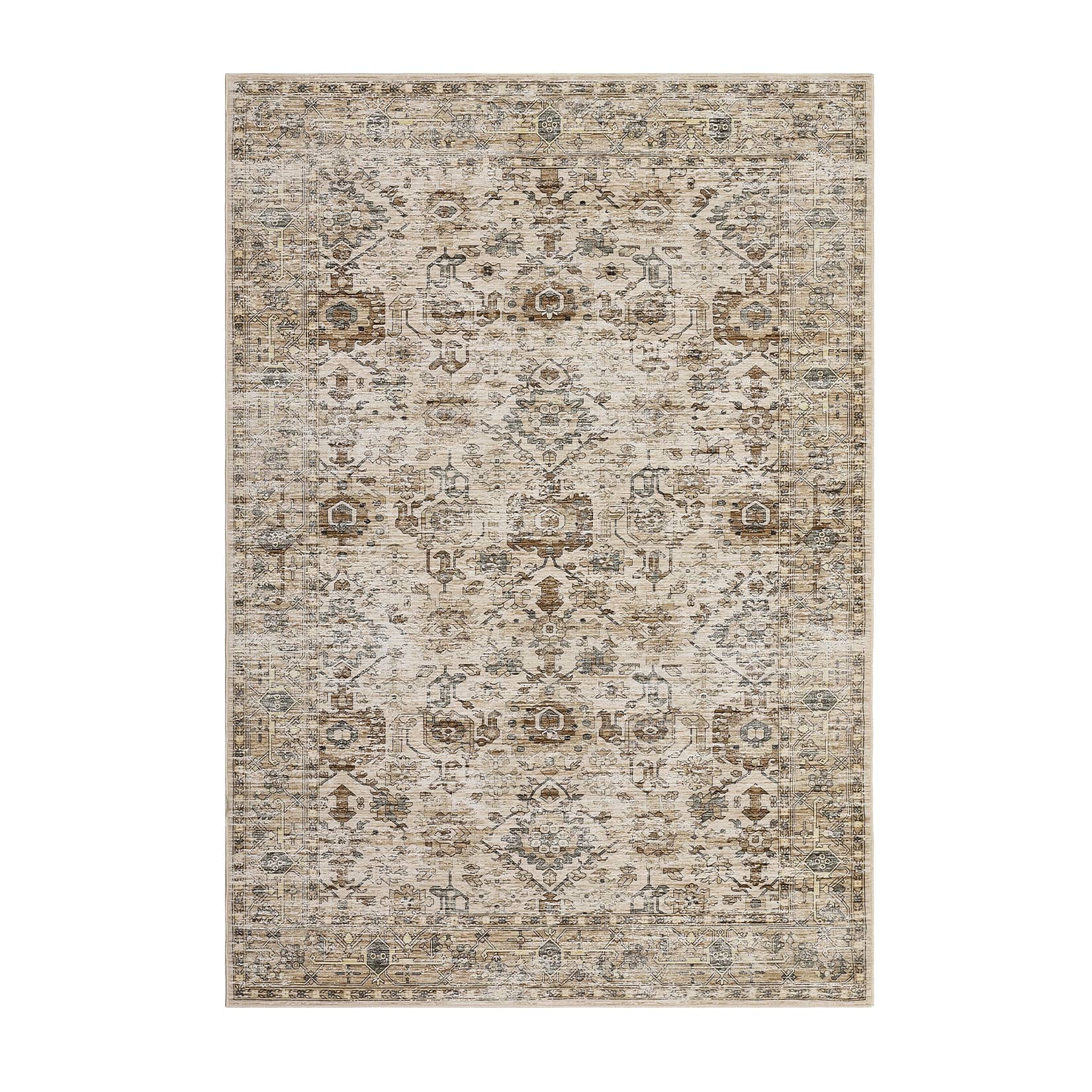Qeetex LSN-PHO-162T94RW 5 x 7 ft Polyester Beige Brown Rectangular Hallway Bathroom Entryway Kitchen Office Foldable Flower Printed Modern Washable Area Rug