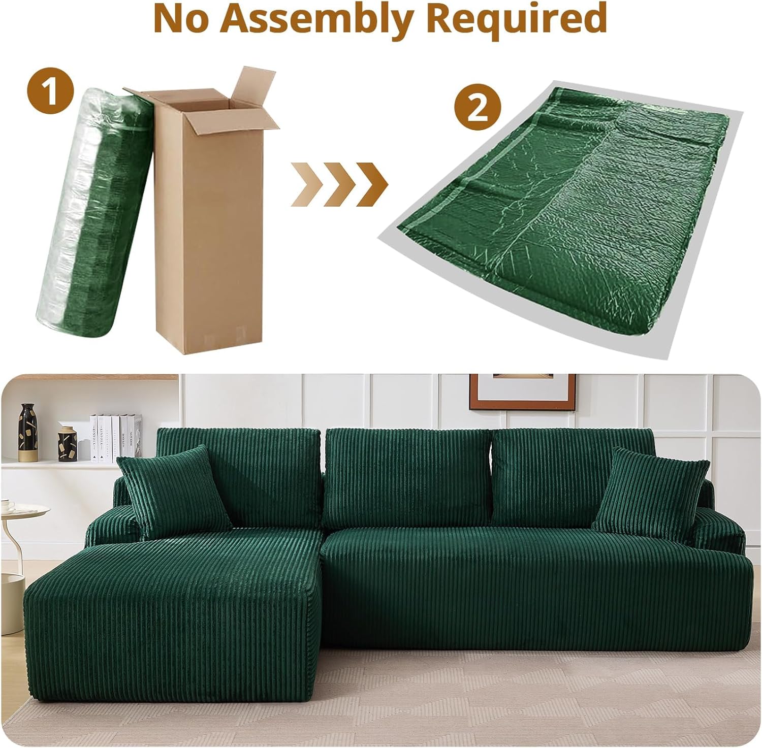 Qeetex PHO-34RPOV1C 106 in. Green Corduroy Sectional Sofa with L-Shape Chaise and Deep Seat