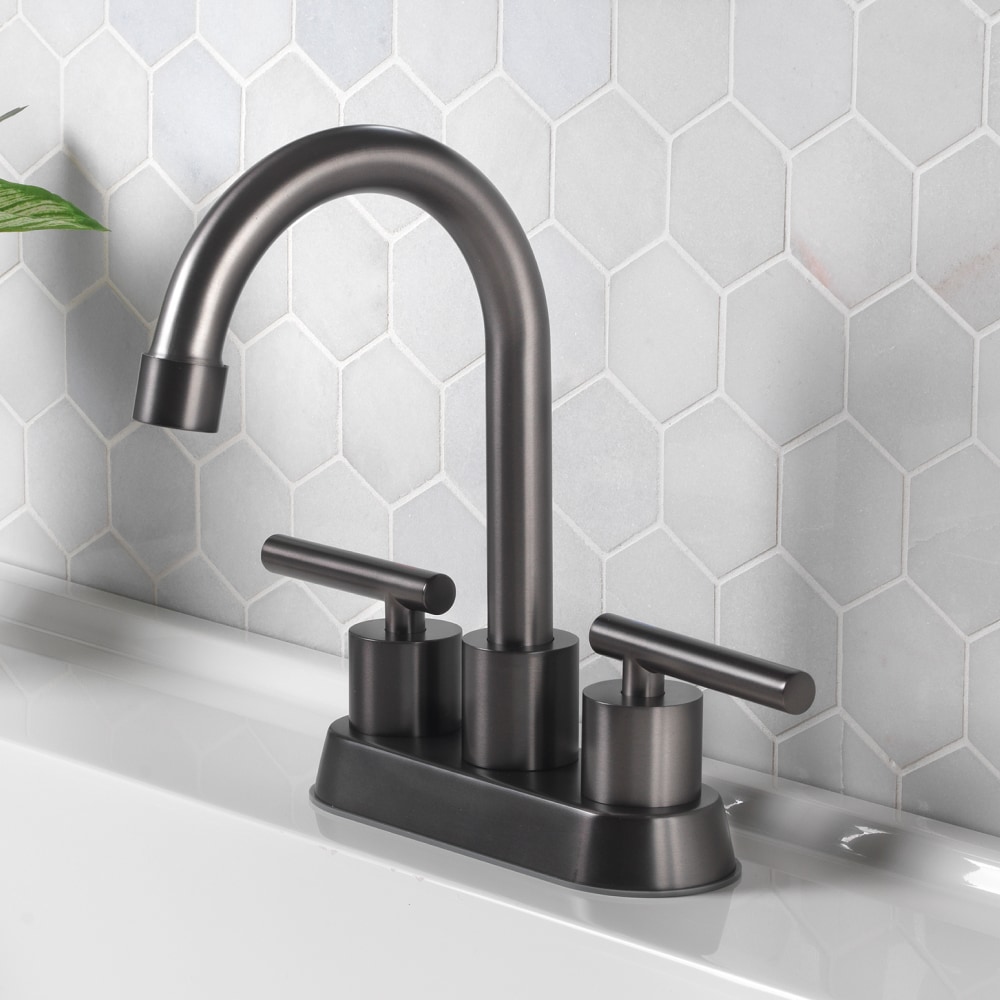 Project Source BPS-101-GM Larton Gun Metal 4-in centerset 2-handle WaterSense High-arc Residential Handle Bathroom Sink Faucet with Drain with Deck Plate