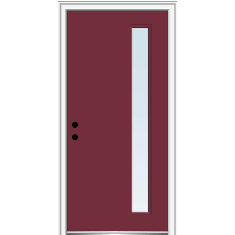 MMI DOOR ZZ345968R Spotlights 30-in x 80-in x 4-9/16-in Fiberglass Pulse lite Right-hand inswing Burgundy Painted Prehung Front Door with Brickmould Insulating core