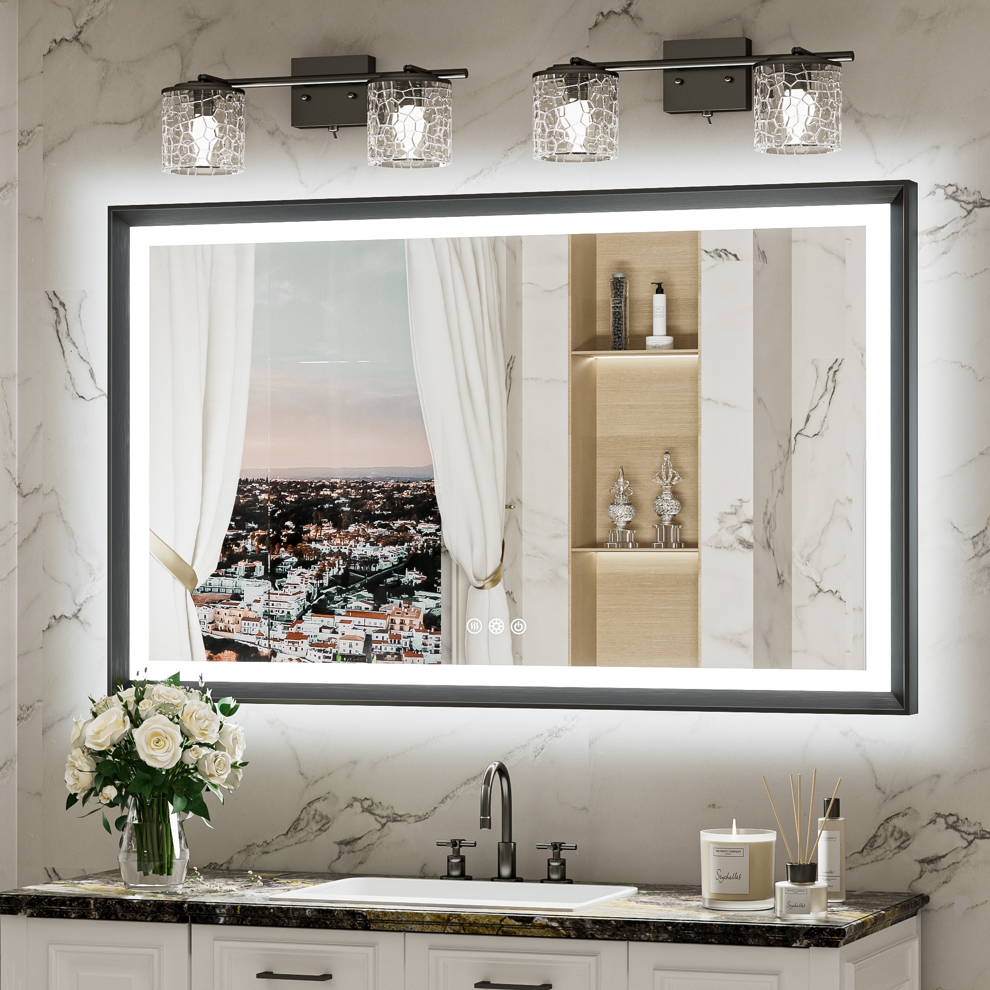 48-in x 30-in Framed Rectangle Dimmable LED Lighted Fog Free Bathroom Vanity Mirror ( Brushed Black ) in Gold | - Keonjinn LW-ZBGSSW-12176BK