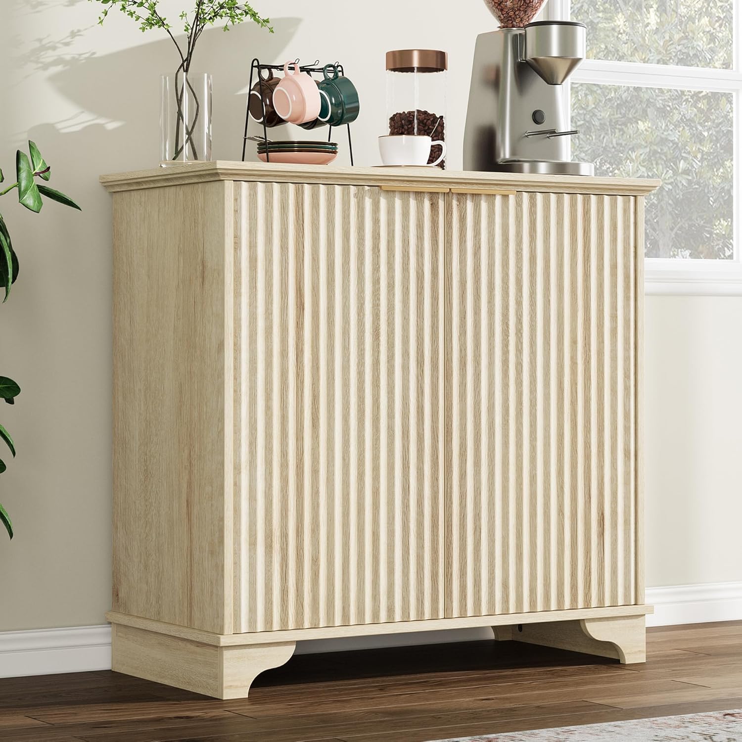 Qeetex LHF-BG-NT92252 Fluted Buffet Sideboard With Storage - Natural