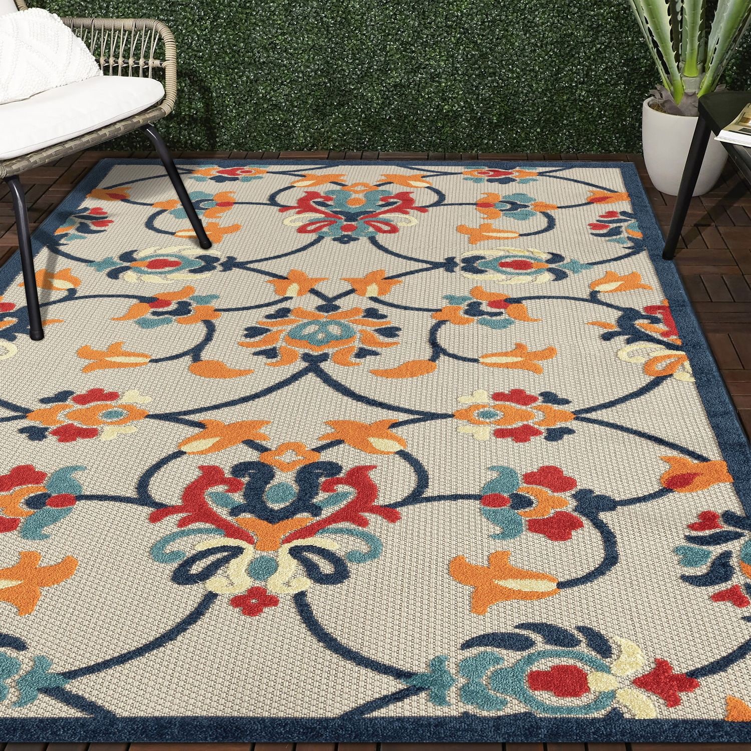 Orange Floral Rectangular Synthetic Outdoor Rug, 5' x 8'