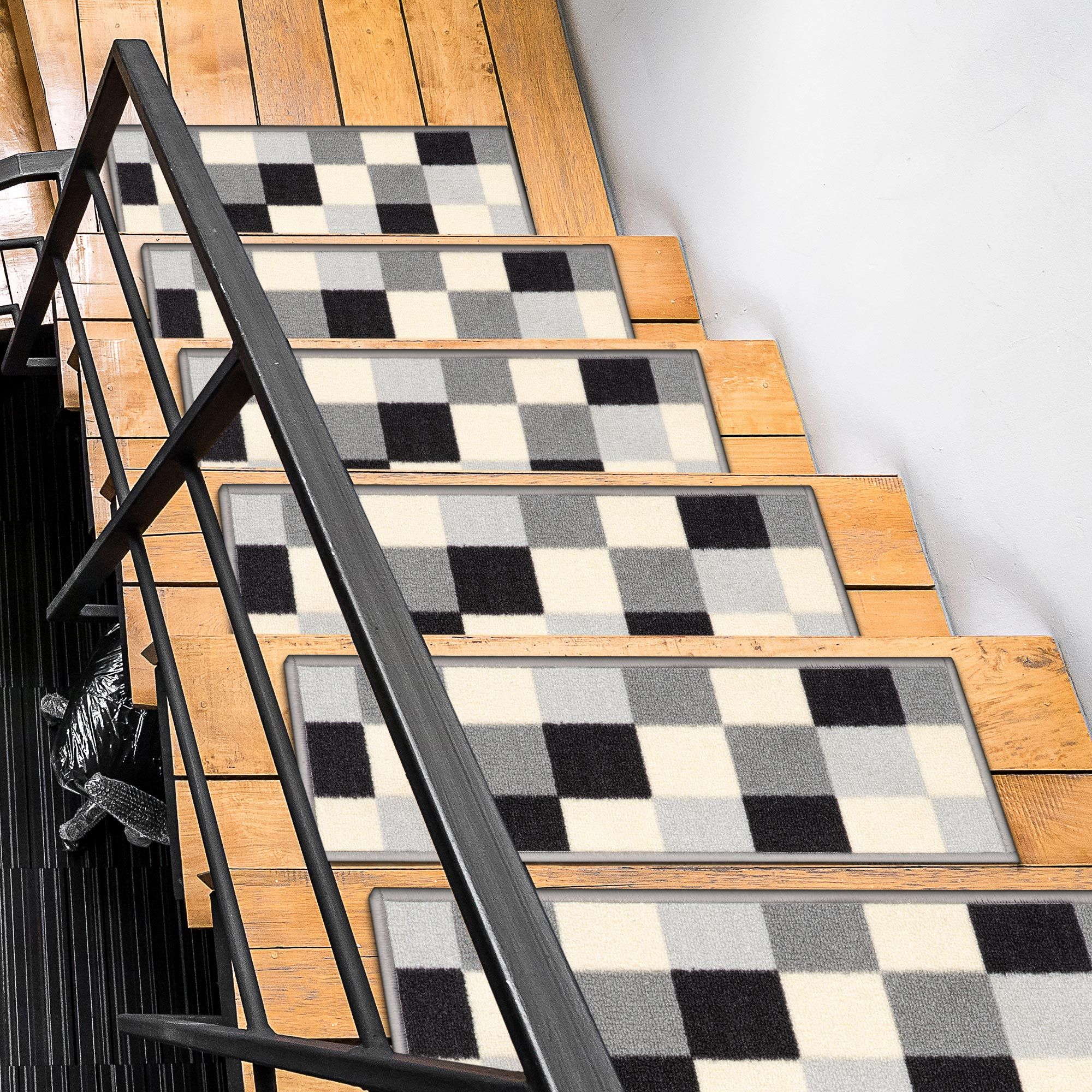 Ottomanson CLS3073-7 Non-Slip Stair Mat 7 Pack 1 x 2 (ft) Loomed Nylon Grayscale Rectangular Indoor Geometric Stair tread rug