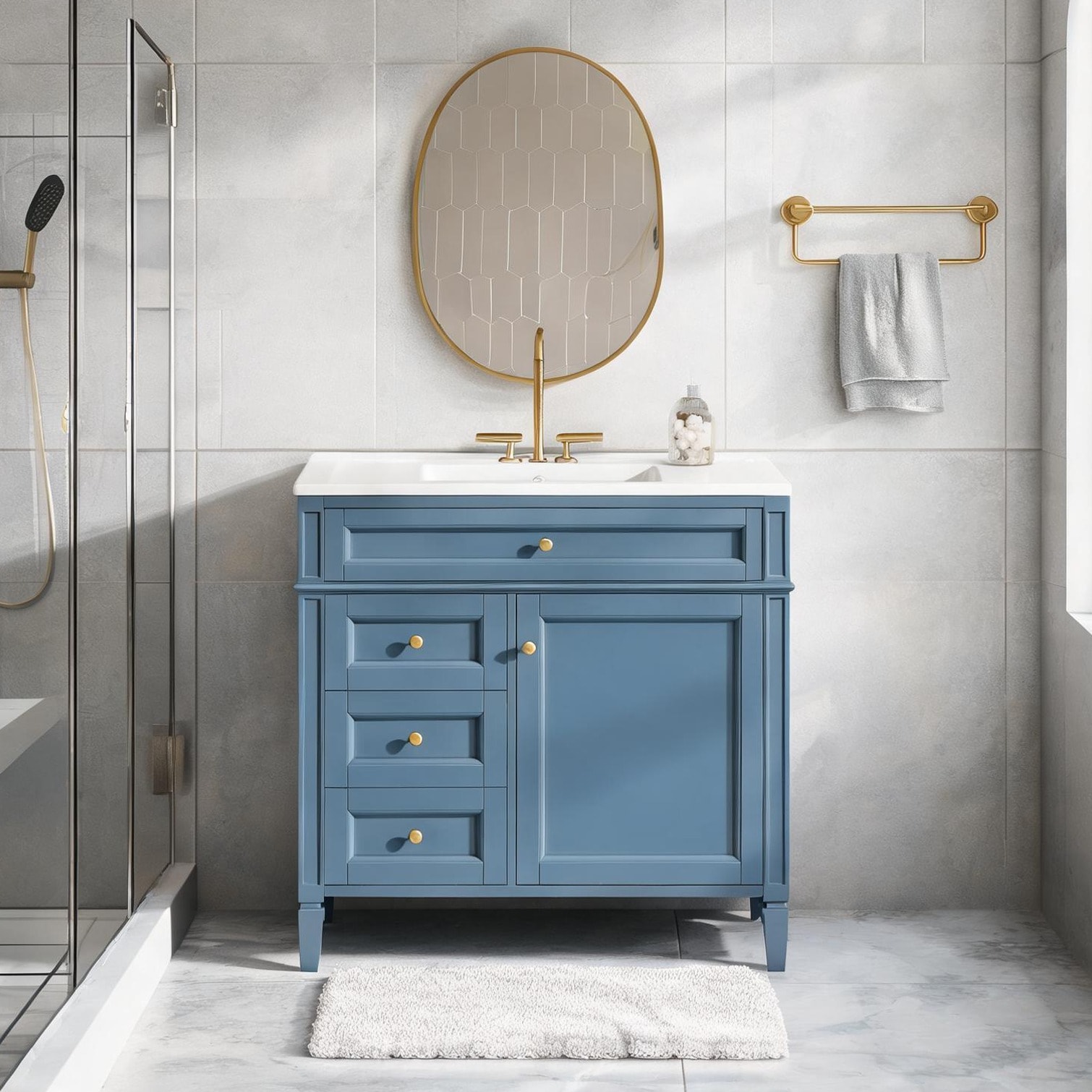 SunJet - 36-Inch Indigo Blue Bathroom Vanity with Ceramic Sink Solid Wood Construction Modern Sin...