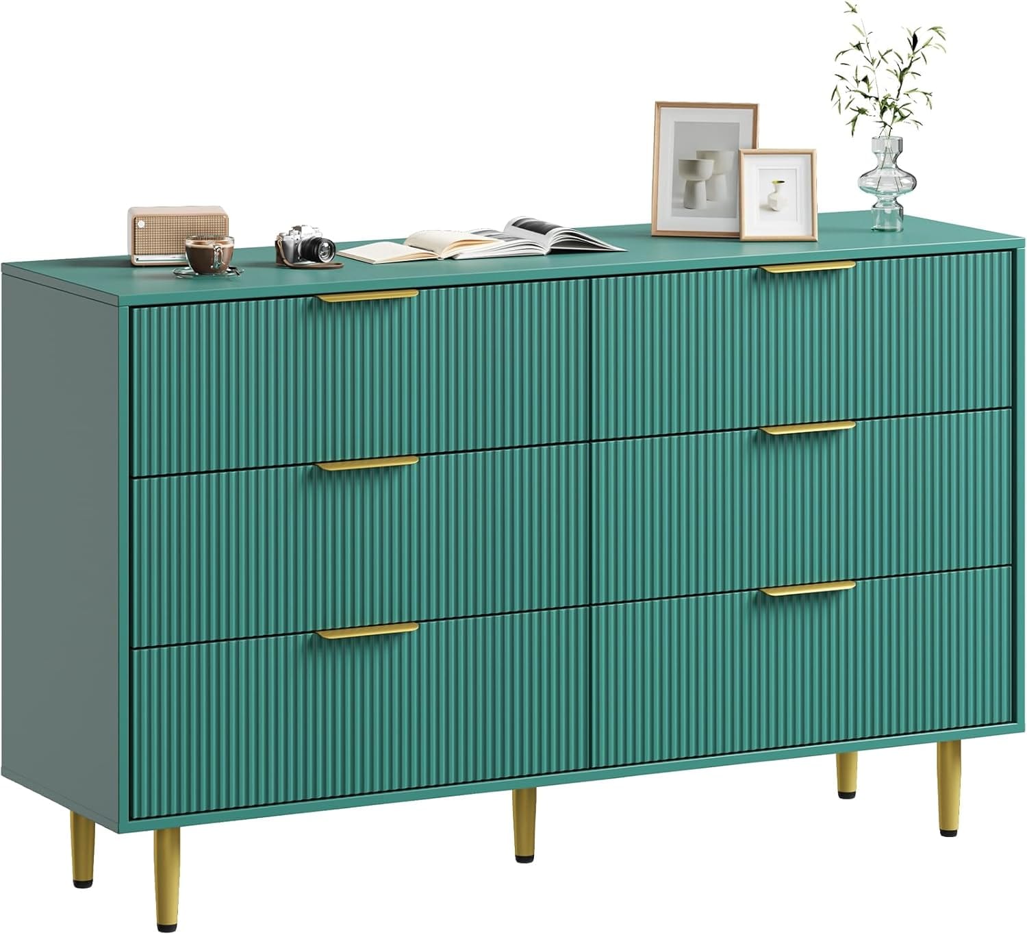 Garvee 56 in Wide Fluted Dresser for Bedroom with 6 Drawers Wooden Chest of Drawers with Metal Handle Feet Green Dresser for Living Room Hallway Bedroom