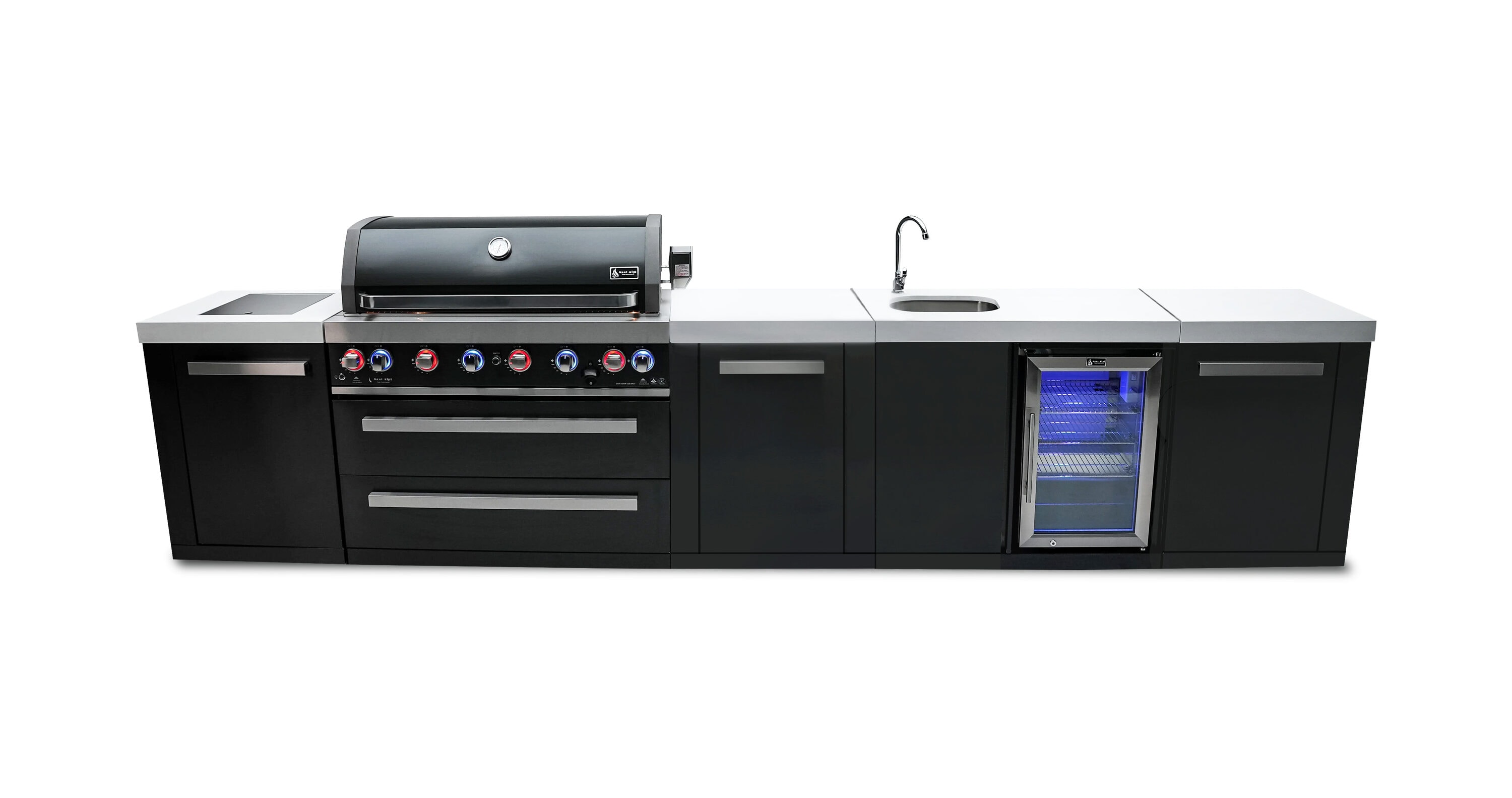 Mont Alpi 805 Black XL Series 157-in W Modular Outdoor Kitchen Grill island with 8 -Burners Gas Grill, White / Black Stainless Steel