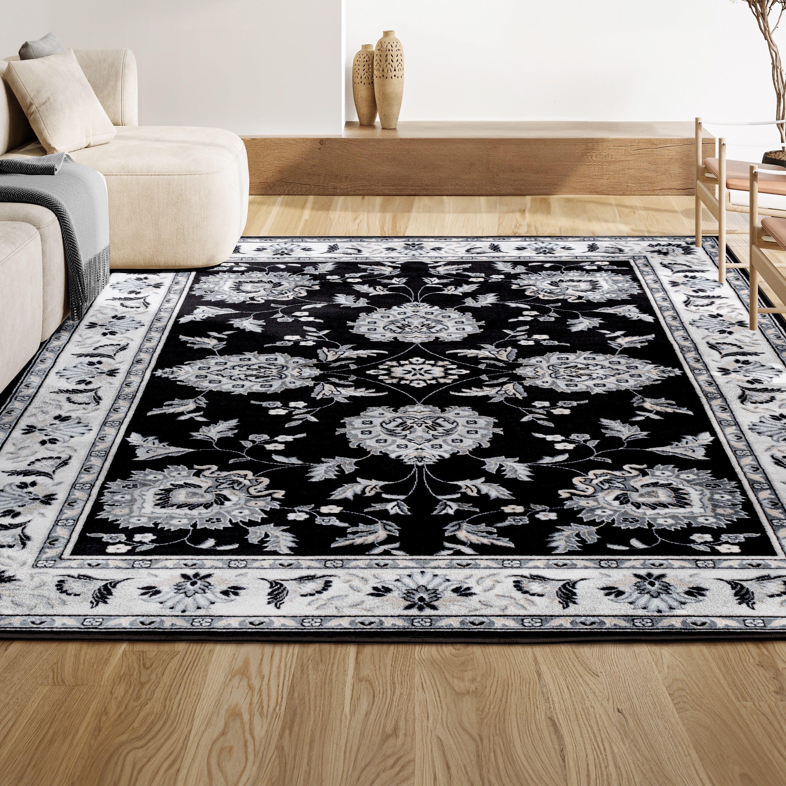 Elegant Persian-Inspired 4' x 6' Black and Cream Synthetic Rug