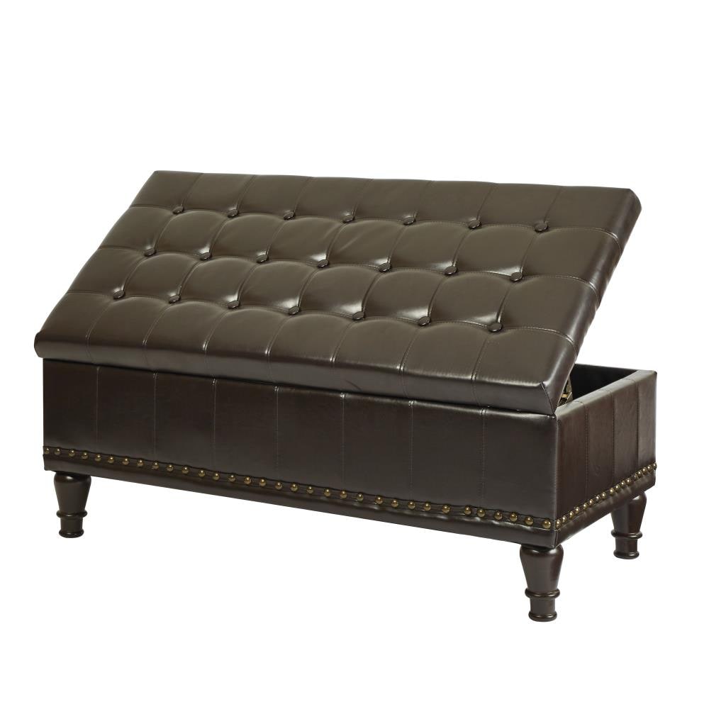 Espresso Bonded Leather Tufted Storage Ottoman with Nailhead Accents