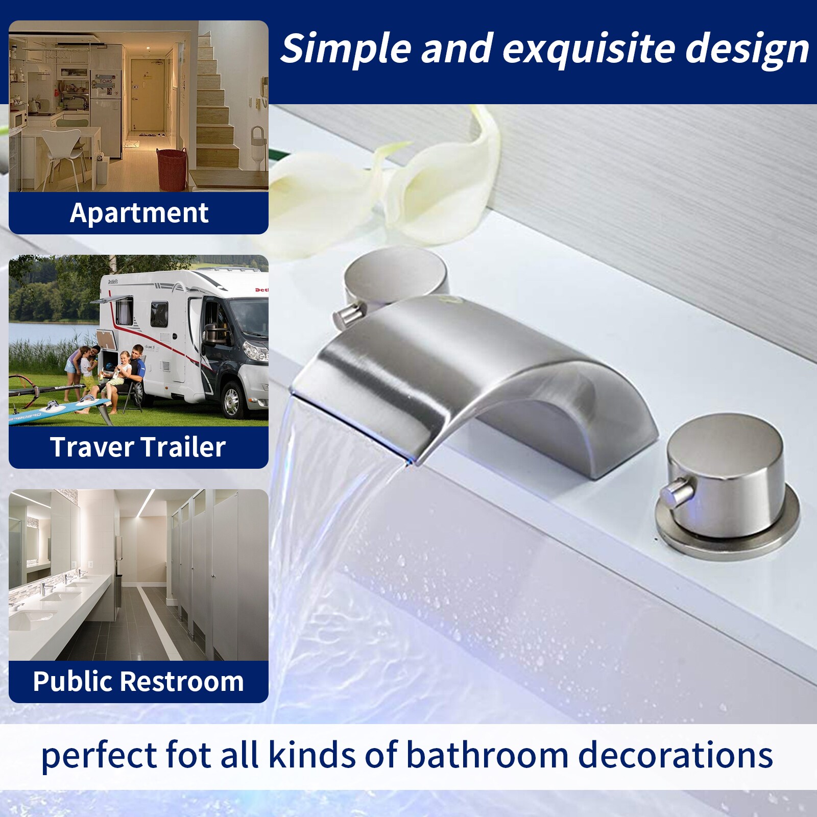 Brushed Nickel 8-Inch Widespread Waterfall Bathroom Faucet with LED Light