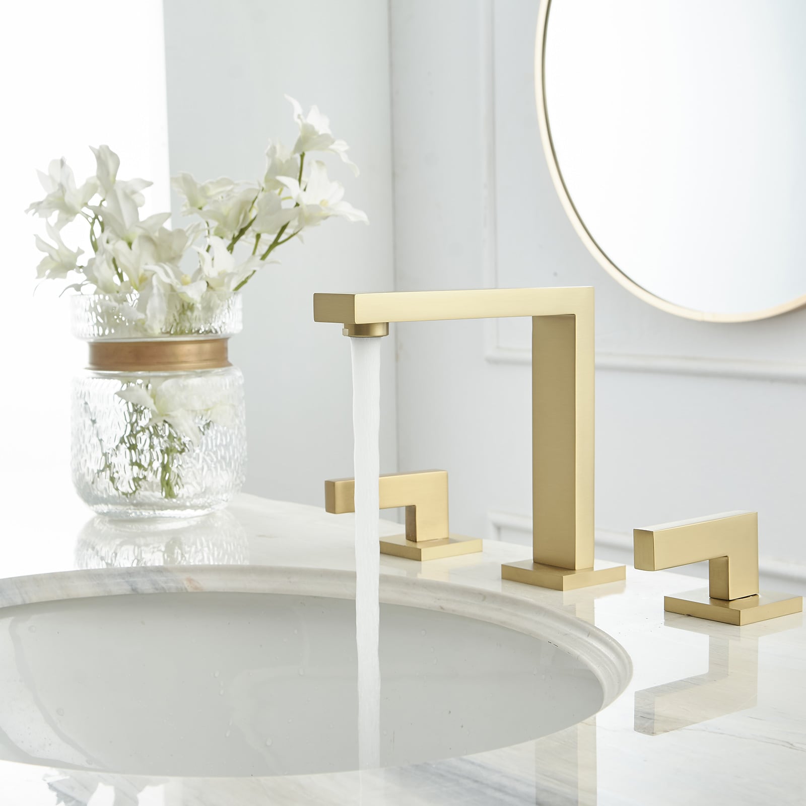 Brushed Gold Modern Widespread Bathroom Faucet with Lever Handles