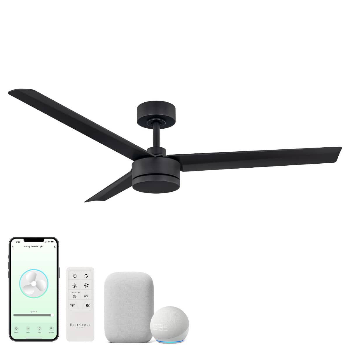 East Grove Home Breeze 52in 3-Blade Smart Ceiling Fan in Matte Black Works With iOS or Android App