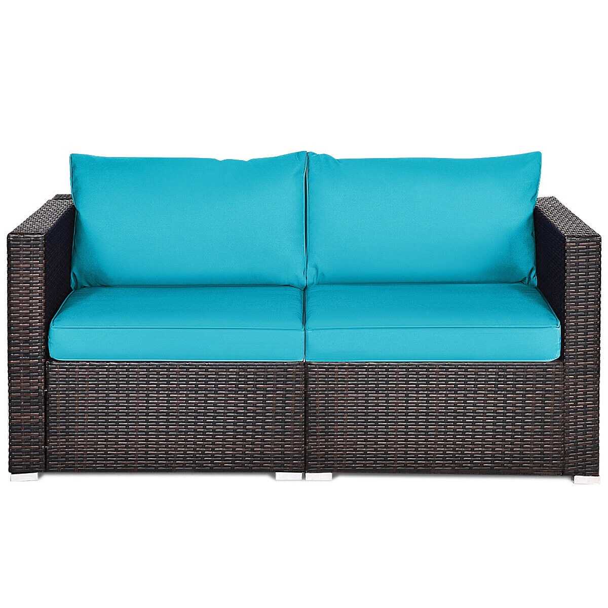 WELLFOR OUG66869TU+ 2 -Piece Rattan Patio Conversation Set with Blue Cushions