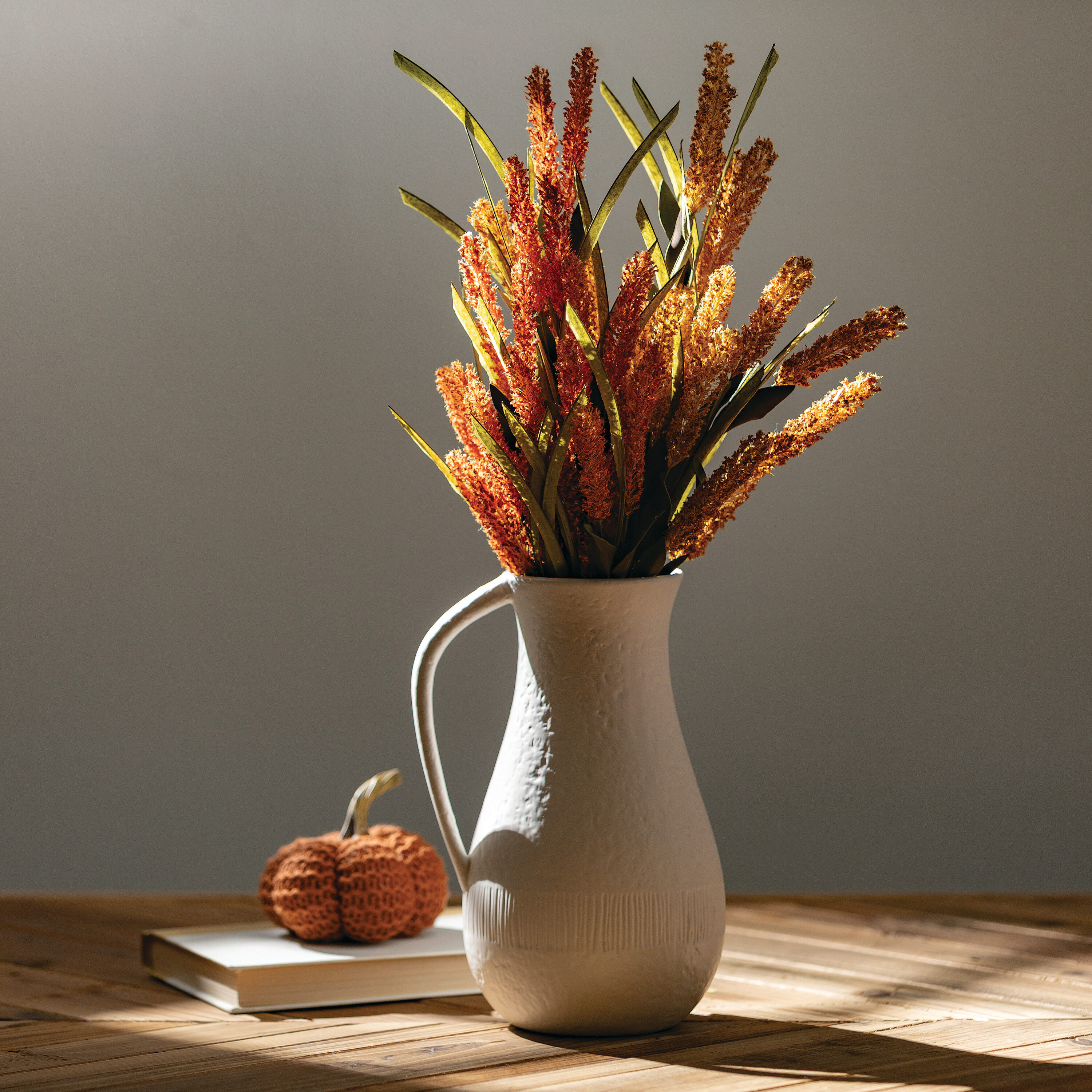 White Textured Ceramic Pitcher Vase with Handle