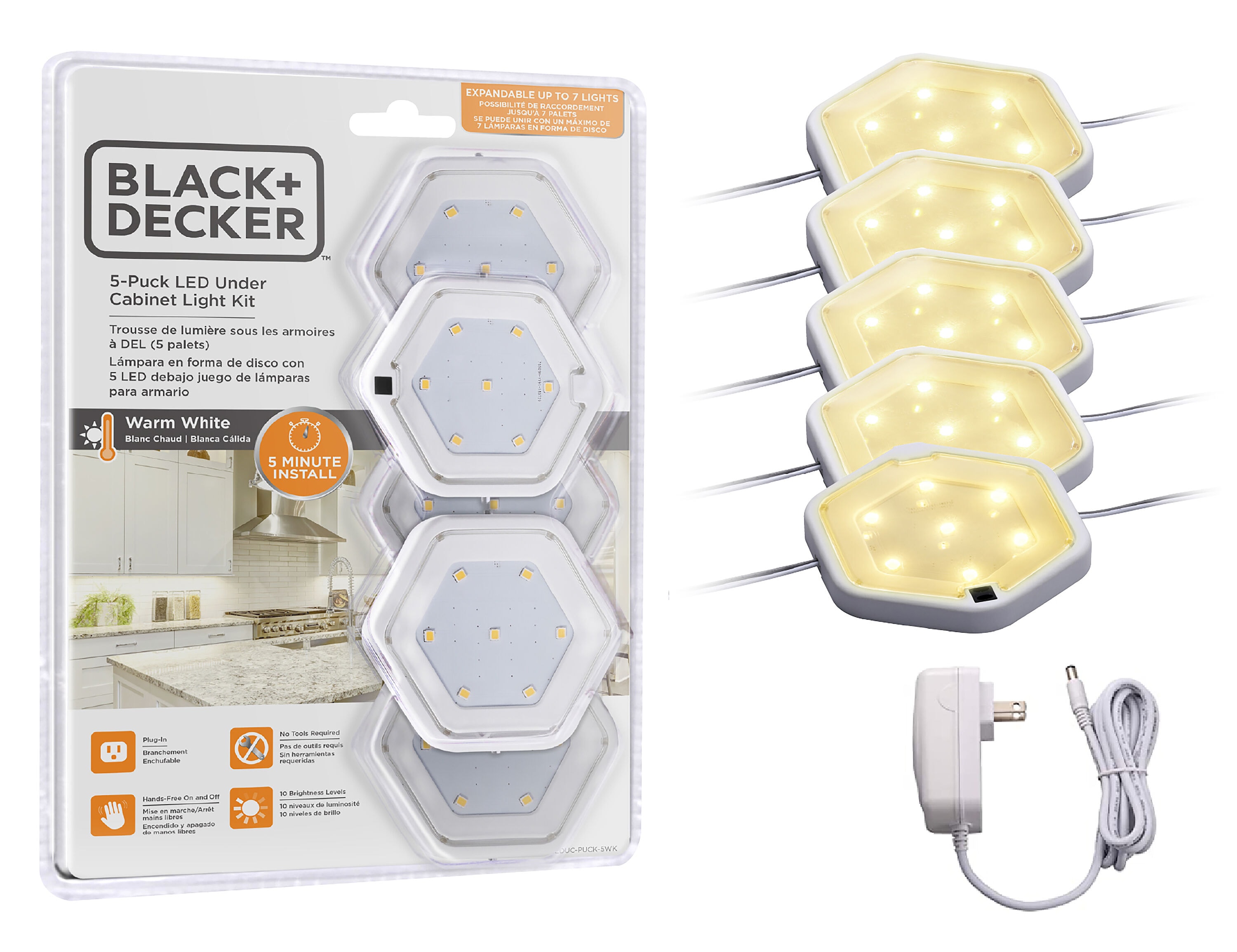 BLACK+DECKER LEDUC9-1WB Push Wire Under Cabinet Light Bar, Plug-in or  Hardwire, 9, Warm White, Gray