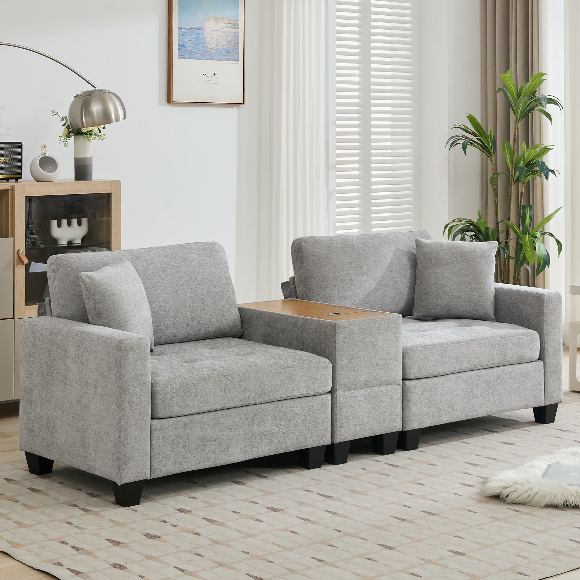 VOUA SAF-HNBYZ-RE 97.64-in Casual Gray Chenille Sectional arm with tablet