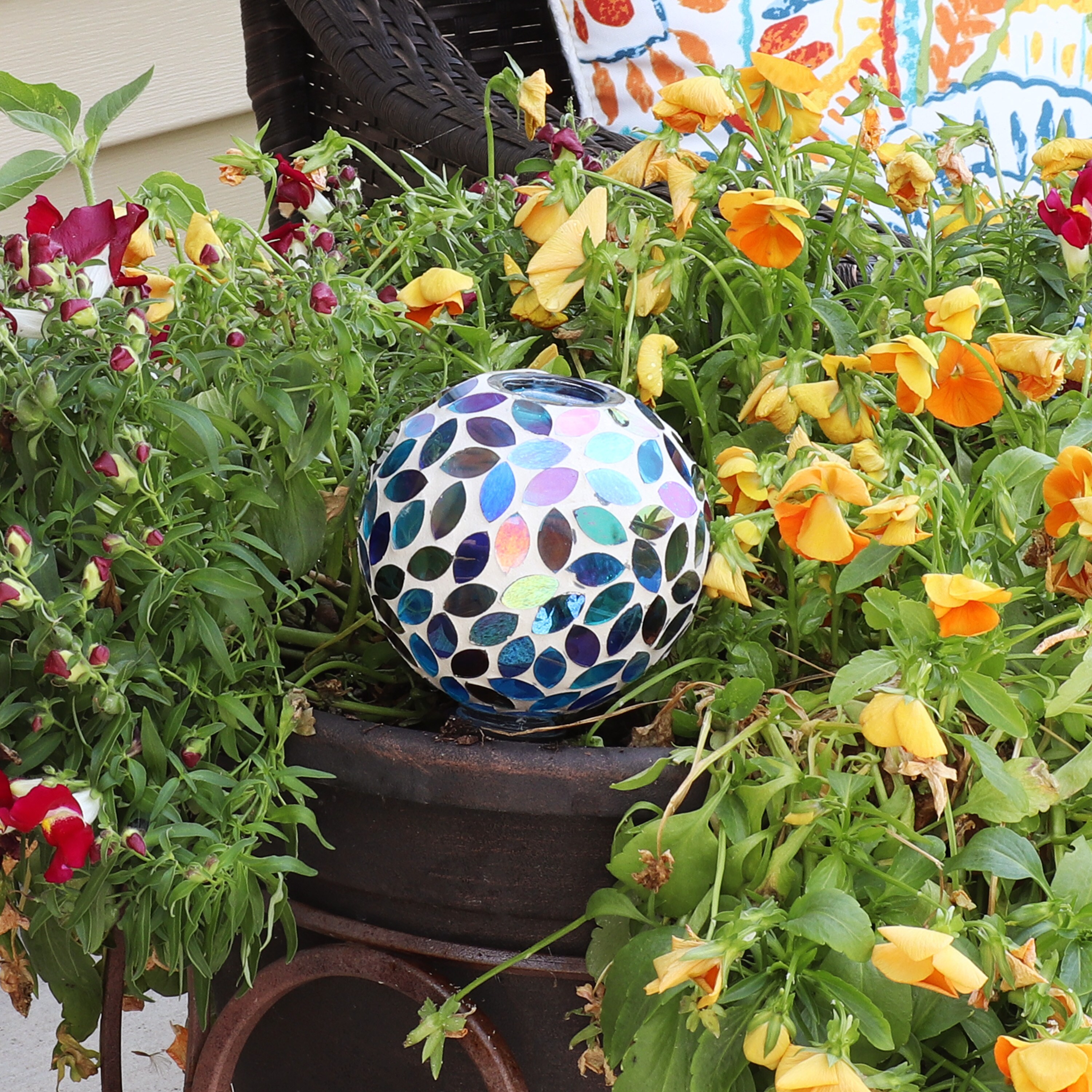 Colorful Mosaic Glass and Terracotta Self-Watering Globe for Plants