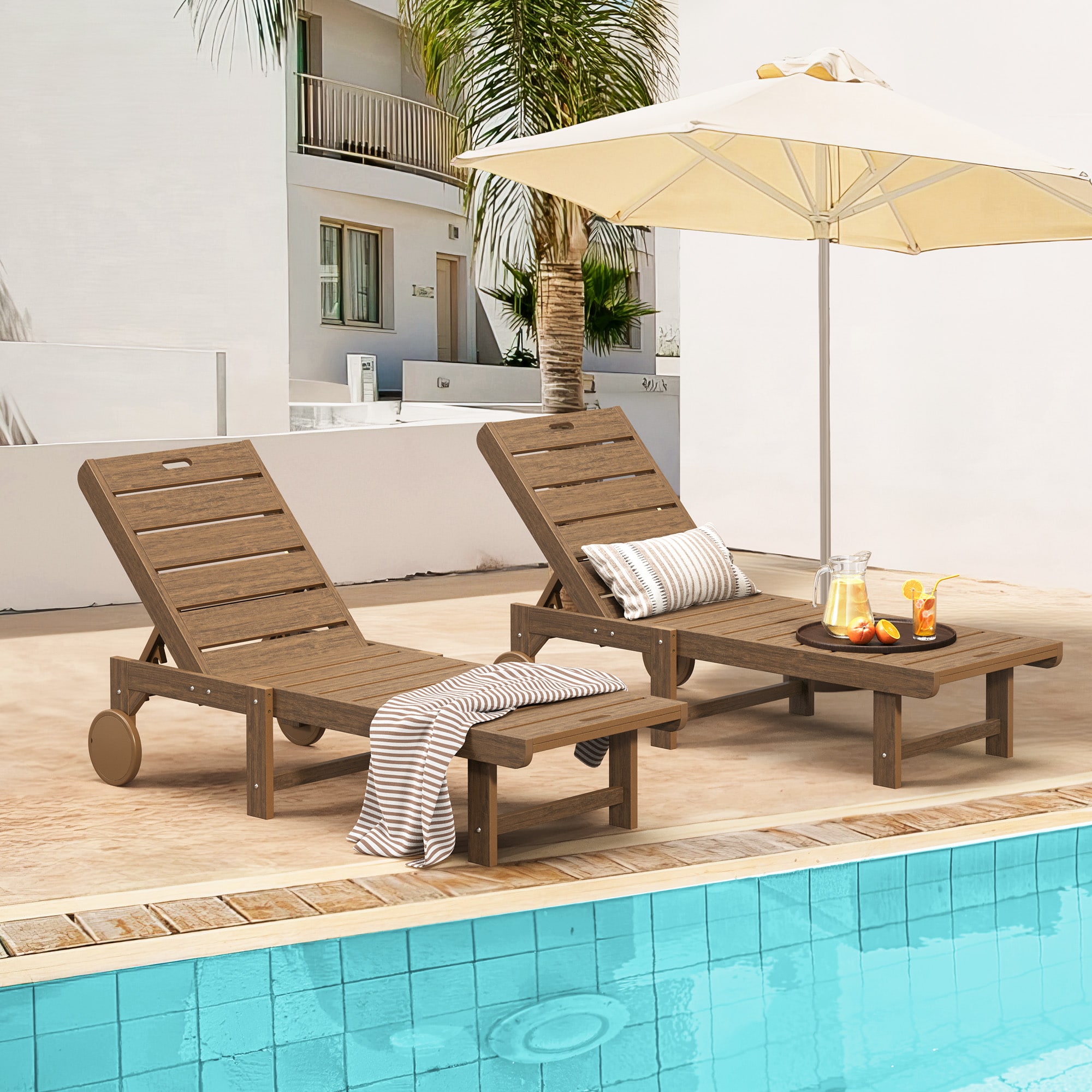 Yurevna 2JT-003-03LS Chaise lounge Set of 2 Teak HDPE Frame Stationary Chaise Lounge Chair with Slat Seat
