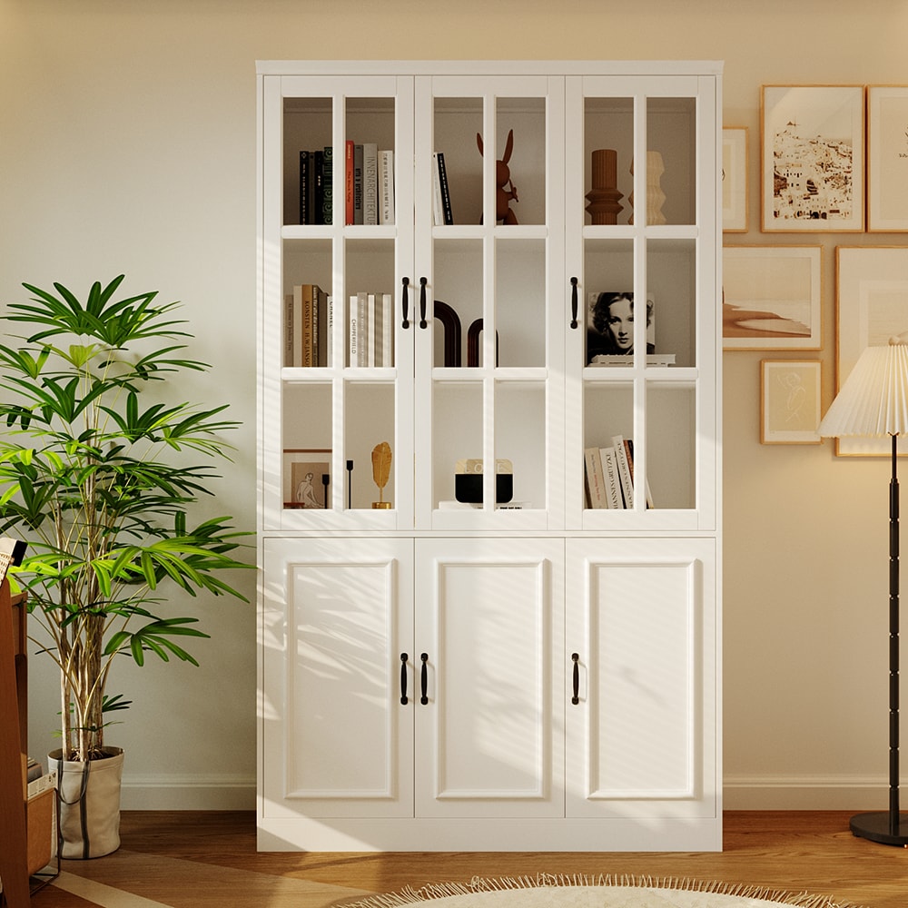 Homsee  6-Door Bookcase Tall Freestanding Display Cabinet with Tempered Glass Doors and Black Handles 47.2''L x 15.7''W x 78.7''H White