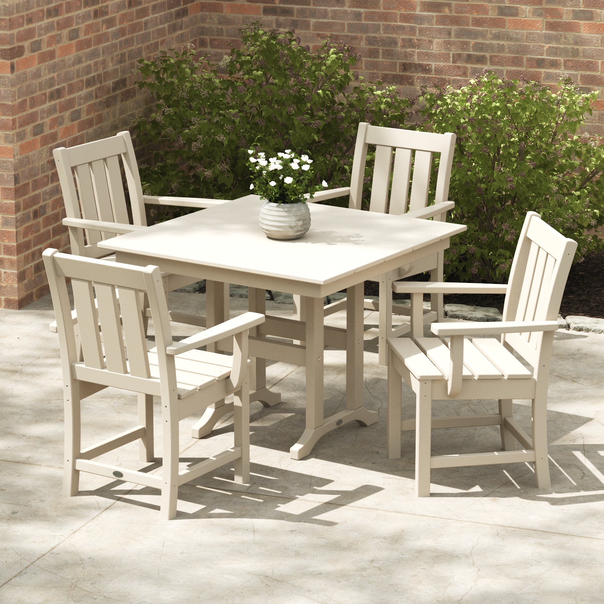 POLYWOOD PWS2082-1-SA Oxford 5 -Piece Sand Patio Dining Set HDPE Square Table with 4 Stationary Chairs