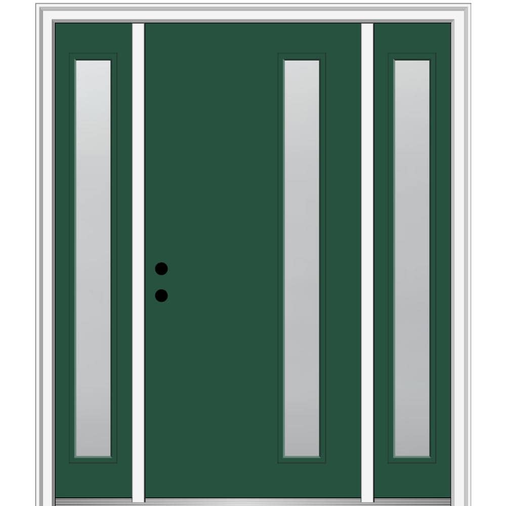 MMI DOOR ZZ347334R Spotlights 60-in x 80-in x 4-9/16-in Fiberglass Pulse lite Right-hand inswing Hunter Green Painted Prehung Front Door with Sidelights with Brickmould Insulating core