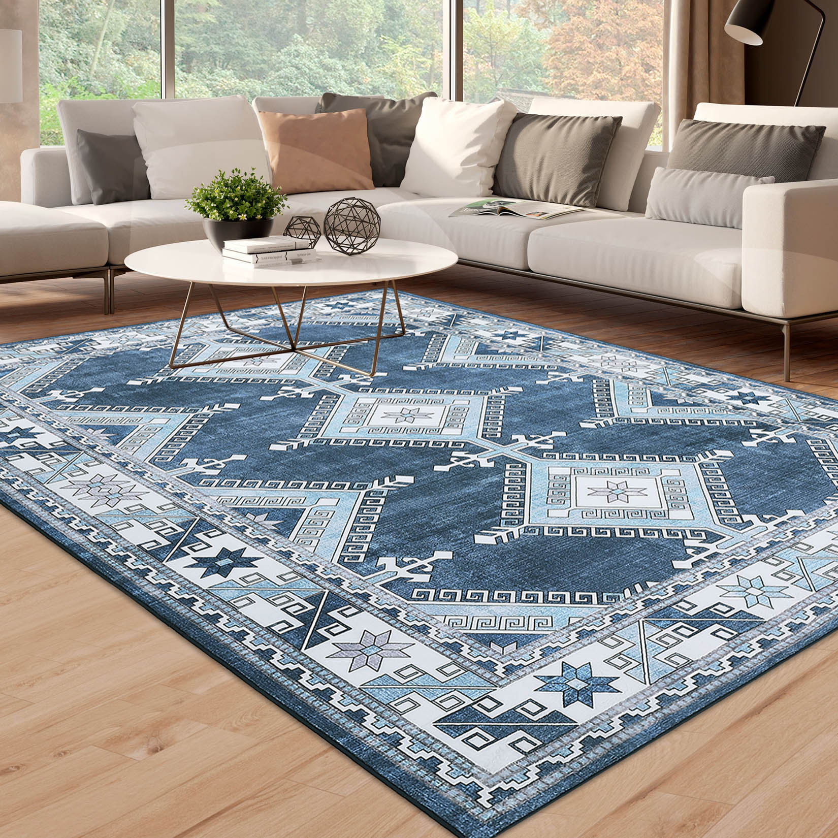 Garvee YXY-LO-PHO-0Z9UQCPN 9 x 12 (ft) Loomed Polyester Gray Blue Rectangular Indoor Geometric Moroccan Machine washable Area rug