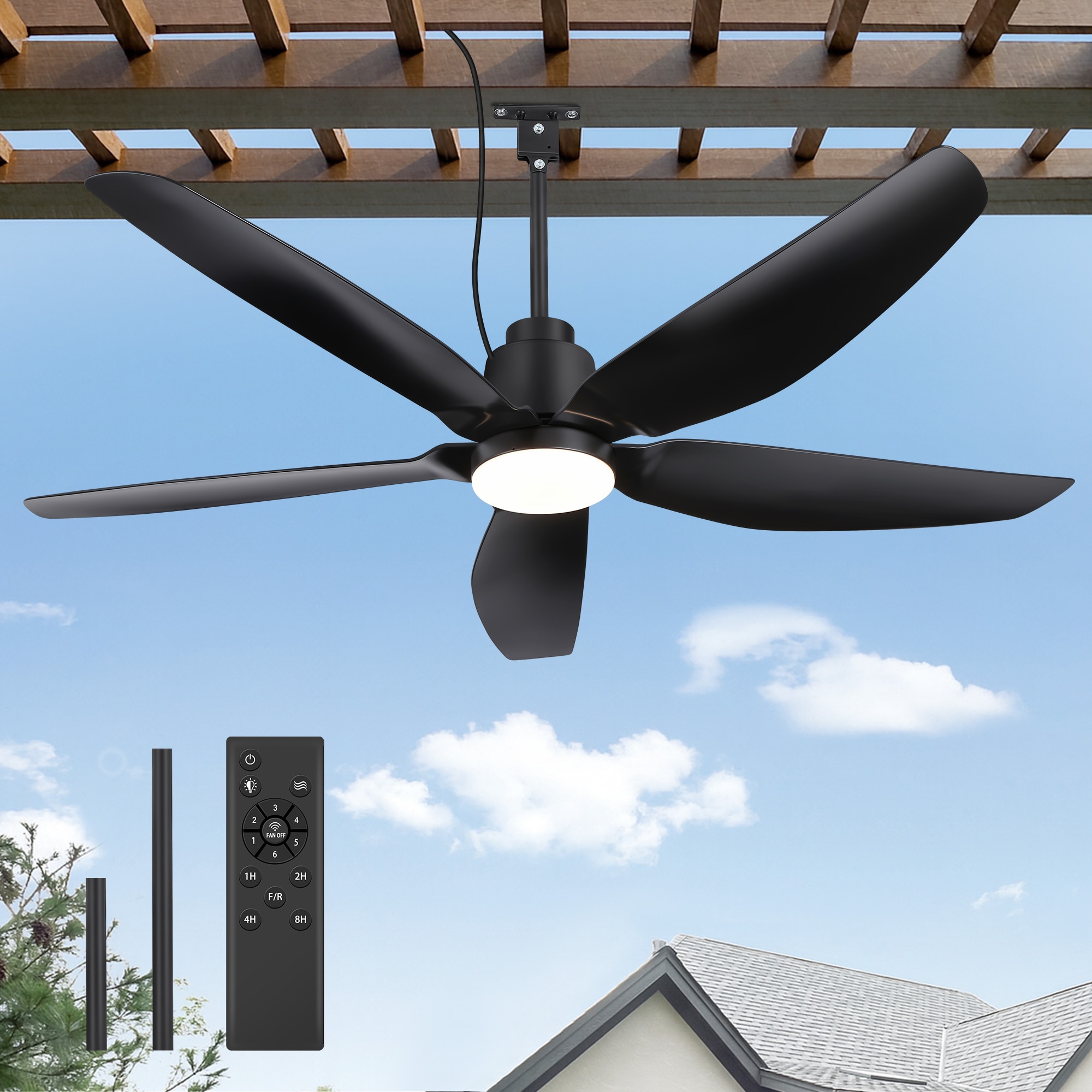 Breezary 32080-BK Weatherproof Plug in Hook Mount 52-in Color-Changing Integrated LED Outdoor Wet-rated Black with IPX4 ABS Blades Chandelier Ceiling Fan With Light 5 -Blade )