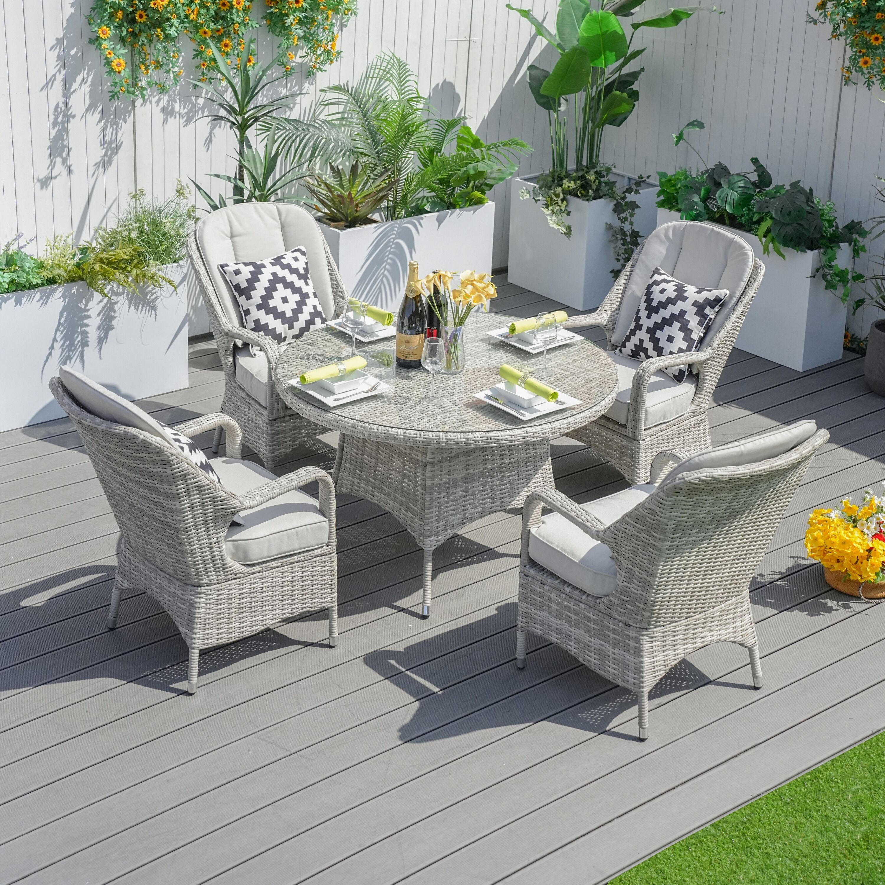 Moda Furnishings MPAD-1709-WW 5 -Piece White Wicker Patio Dining Set Wicker Round Table with 4 Beige Cushions Stationary Chairs