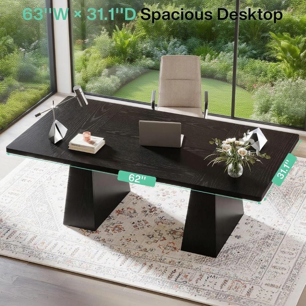 JUSHUA Black 63 Inch Executive Desk with Double Pedestal Large Office Computer Workstation