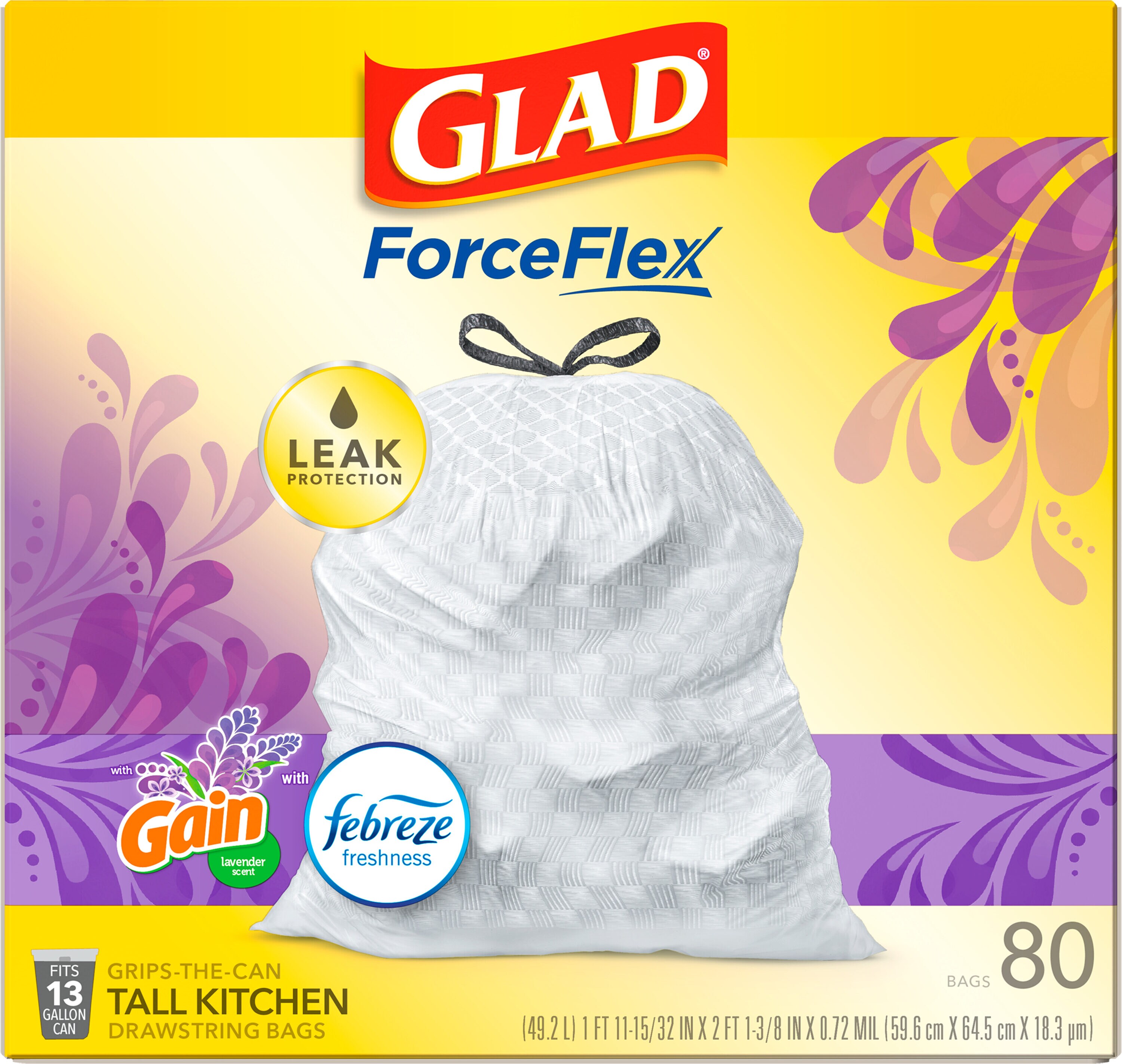 Great Value Strong Flex 13-Gallon Drawstring Tall Kitchen Trash Bags,  Lavender Fields, 40 Bags 