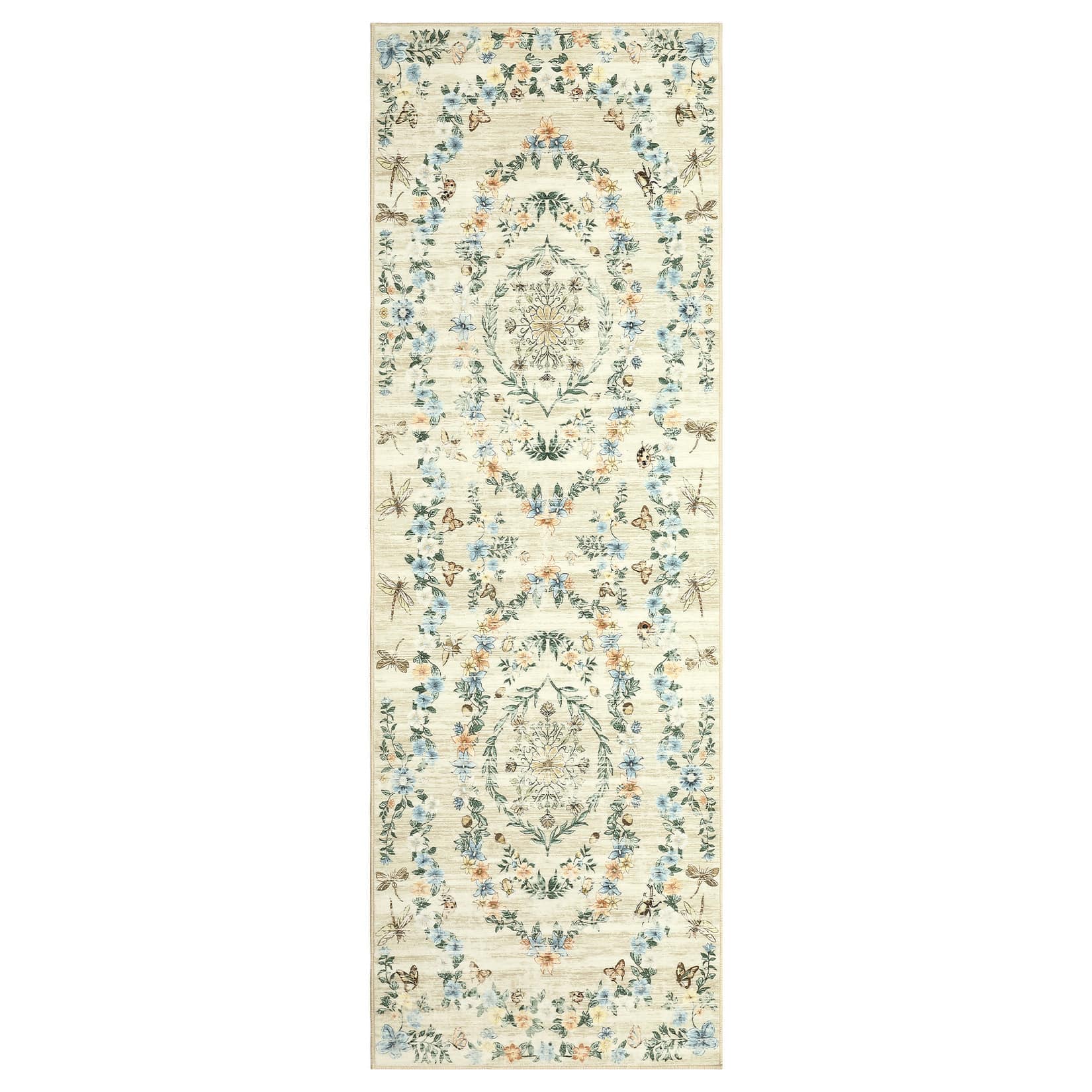 Qeetex LSN-PHK-34BNUPAW 2 x 6 ft Polyester Beige Rectangular Hallway Bathroom Entryway Kitchen Office Foldable Flower Printed Washable Area Rug