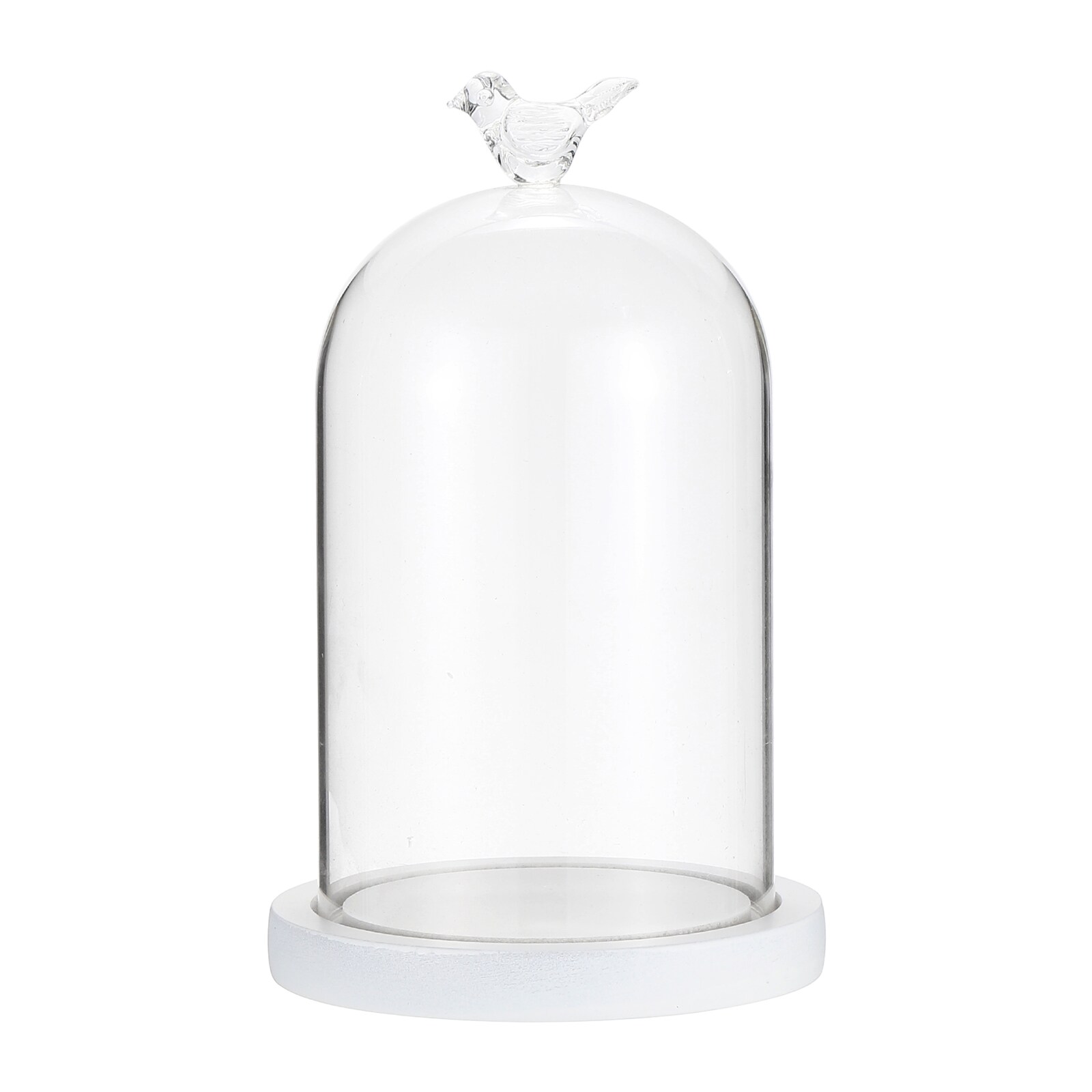 PATIKIL 3.7Inchx7.9Inch Glass Display Dome Cloche Decorative Display Bell Jar with Bird Shape Top and Wooden Base for Plants Collectible Figure Candles Medals White