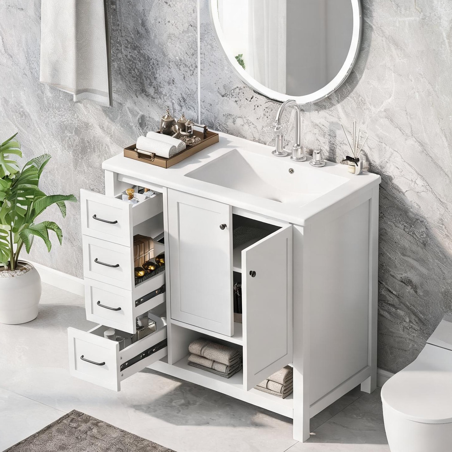 chillscreamni Freestanding 36-Inch Crisp White Vanity with Ceramic Sink and Right-Hand Basin Solid Wood and MDF Construction Two Doors and Two Drawers