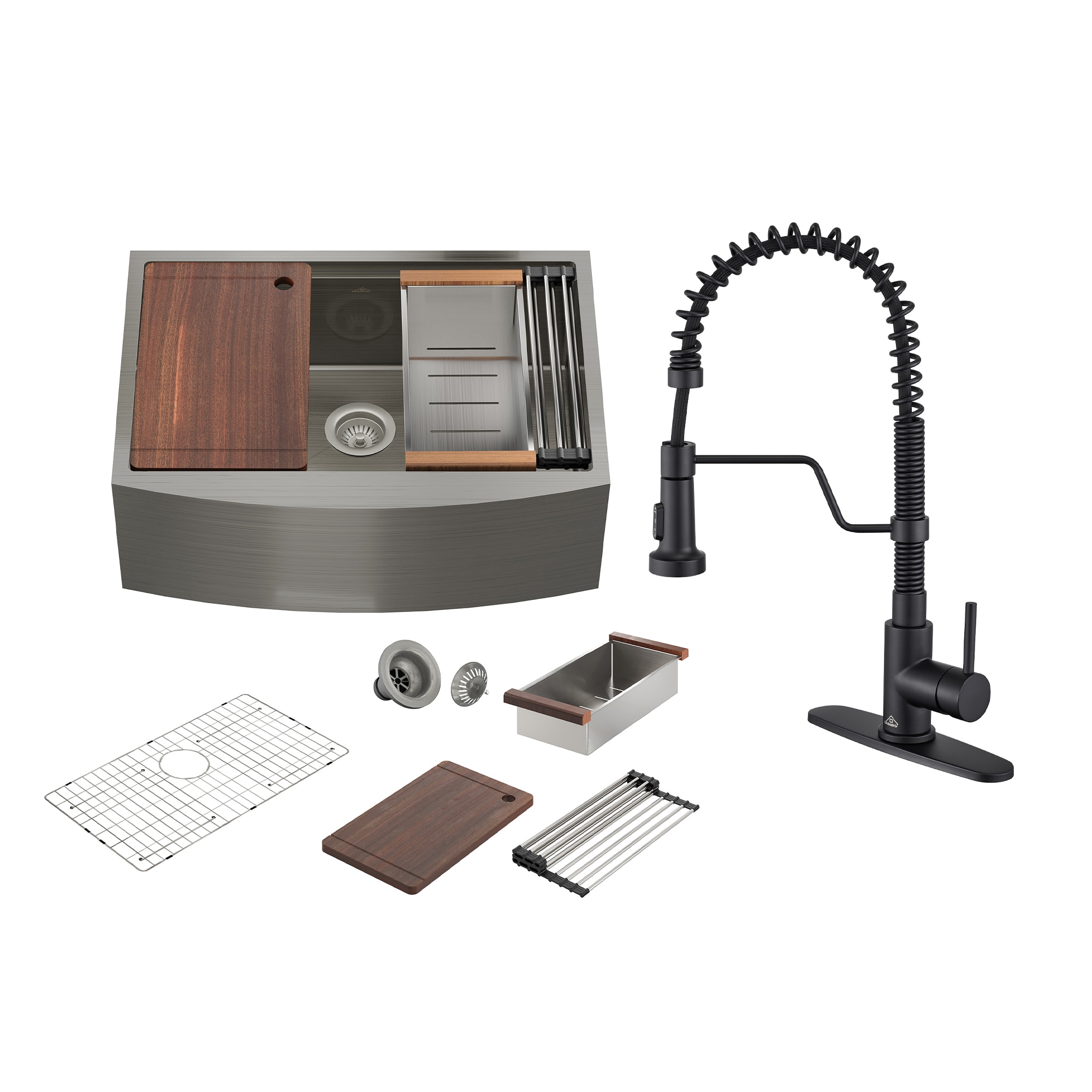 CASAINC KCSL0041-F33M24 Farmhouse apron front 33-in x 22-in Stainless steel Single bowl 16 -Gauge Workstation Kitchen Sink All-in-One Kit with Drainboard