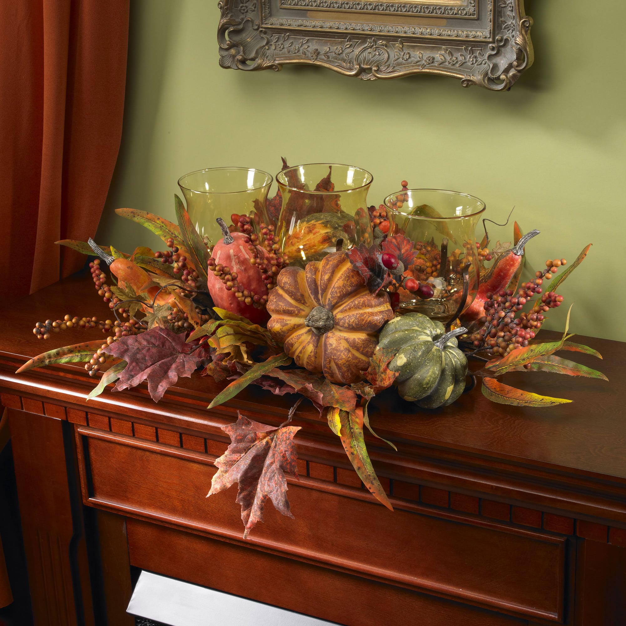 Harvest Triple Glass Candelabrum with Autumn Fruits and Foliage