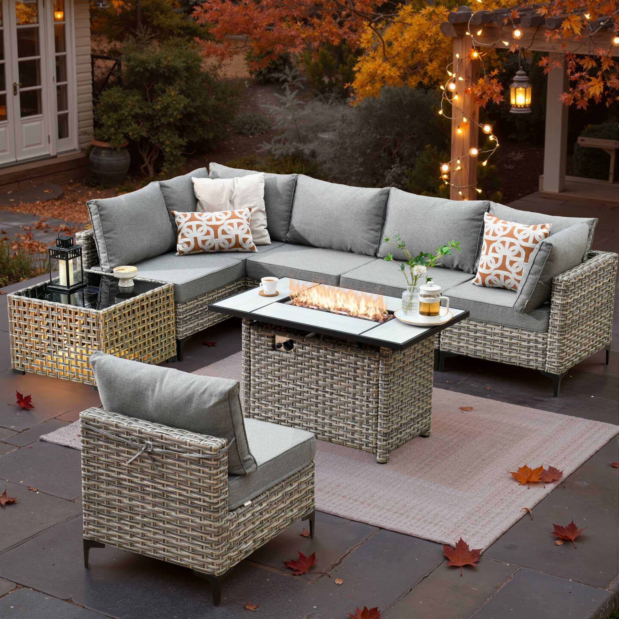 XIZZI XISKT204-CFP Amber Rattan Outdoor Sectional with Dark gray Cushions and Rattan Frame