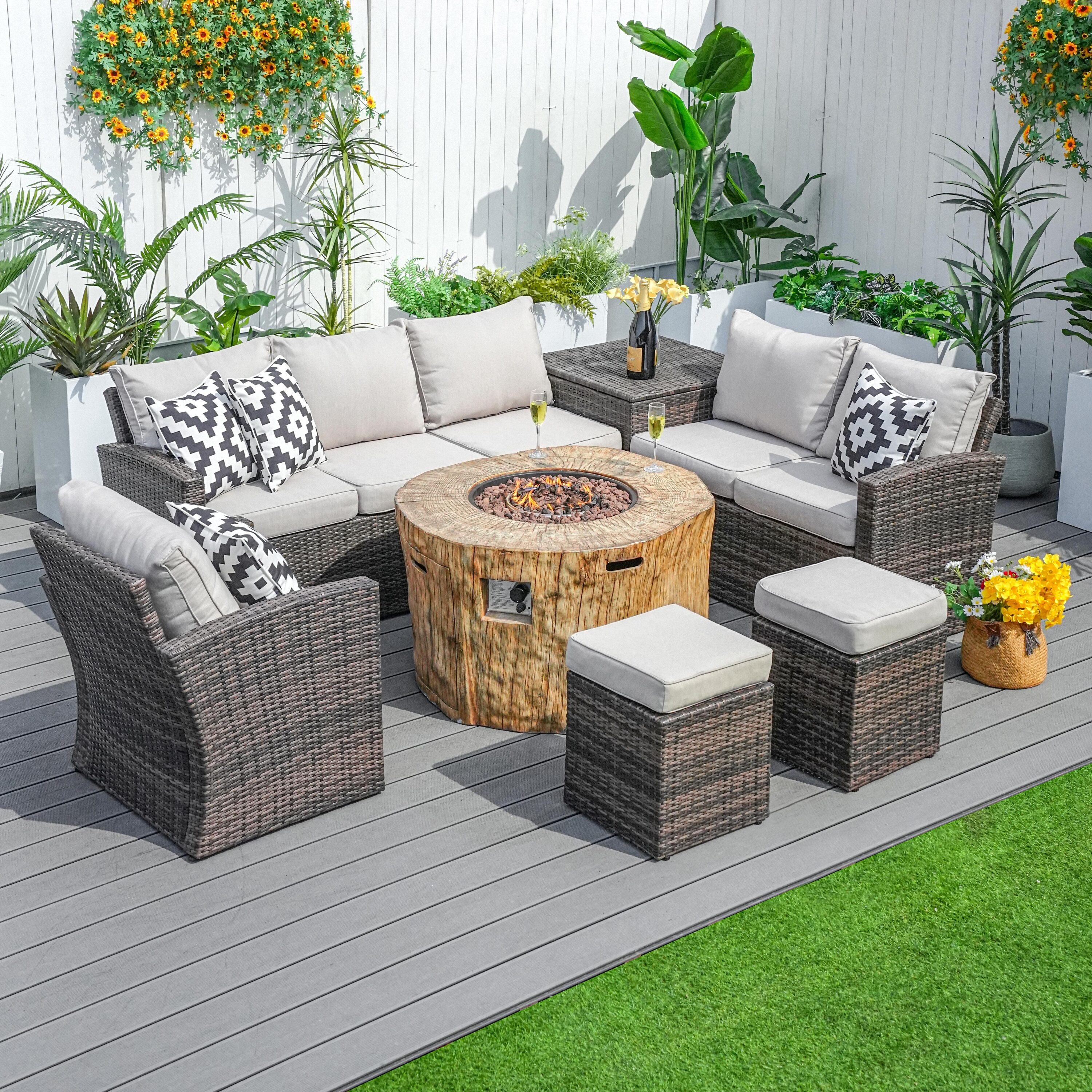 Direct Wicker DWG-1403B2180-BR 6 -Piece 3 Patio Sofa Conversation Set with Beige Cushions