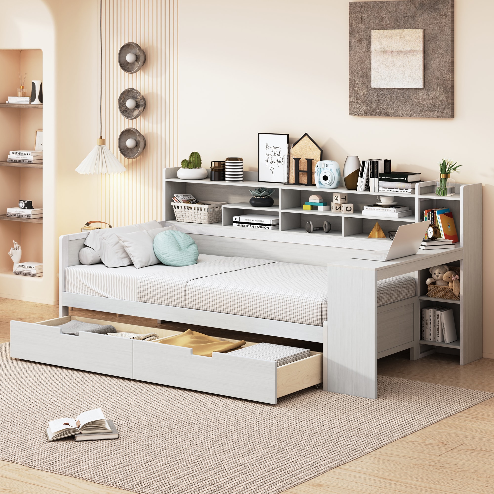 ModernLuxe L-HL000189AAK Antique White Twin Wood Platform Bed with Storage