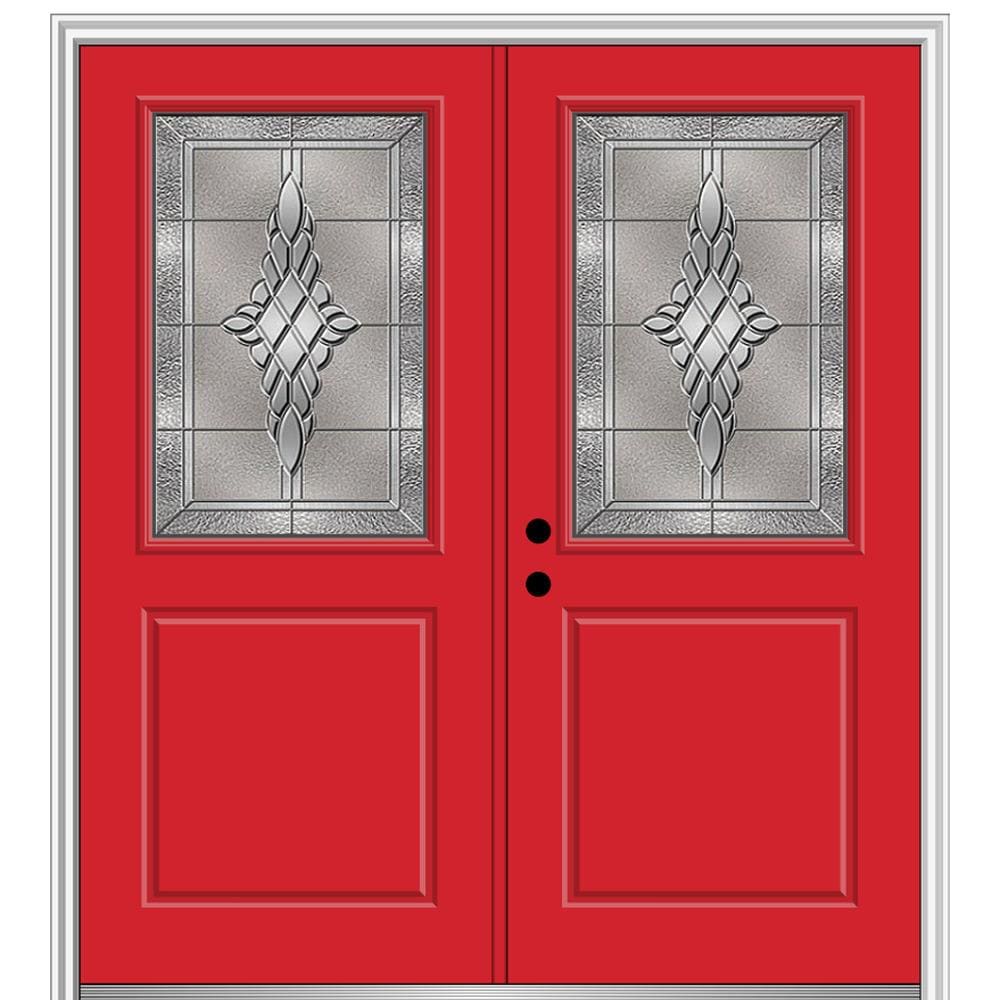 MMI DOOR ZZ366087R 64-in x 80-in x 6-9/16-in Fiberglass Half lite Right-hand inswing Red Saffron Painted Prehung Double Front Door with Brickmould Insulating core