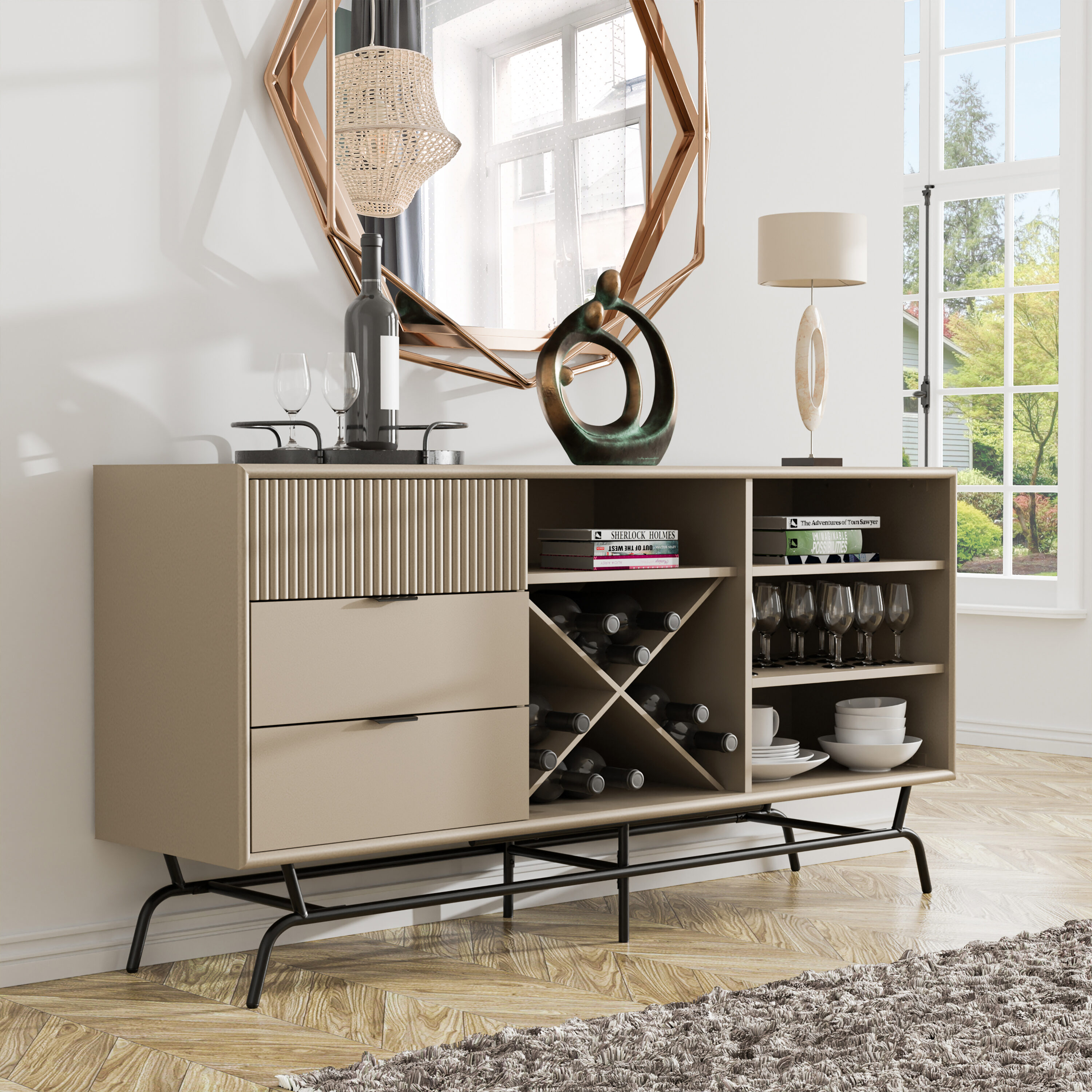 Furniture of America IDI-223135 Yaztra Modern/Contemporary Light Taupe, Black TV stand ( Accommodates TVs up to 65-in )