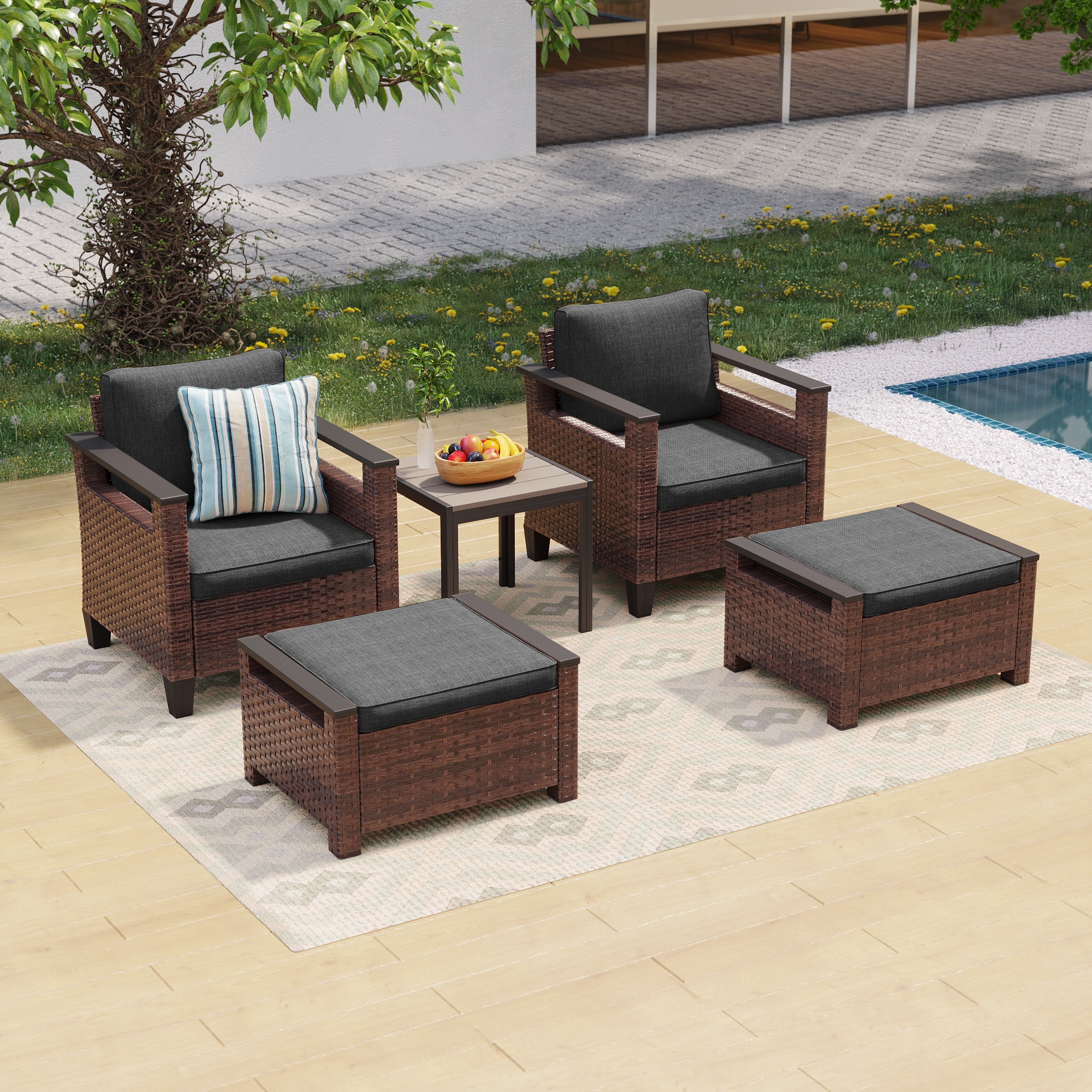 Sonkuki SD-GY646-NY 5-Piece Wicker Patio Conversation Set with Gray Cushions