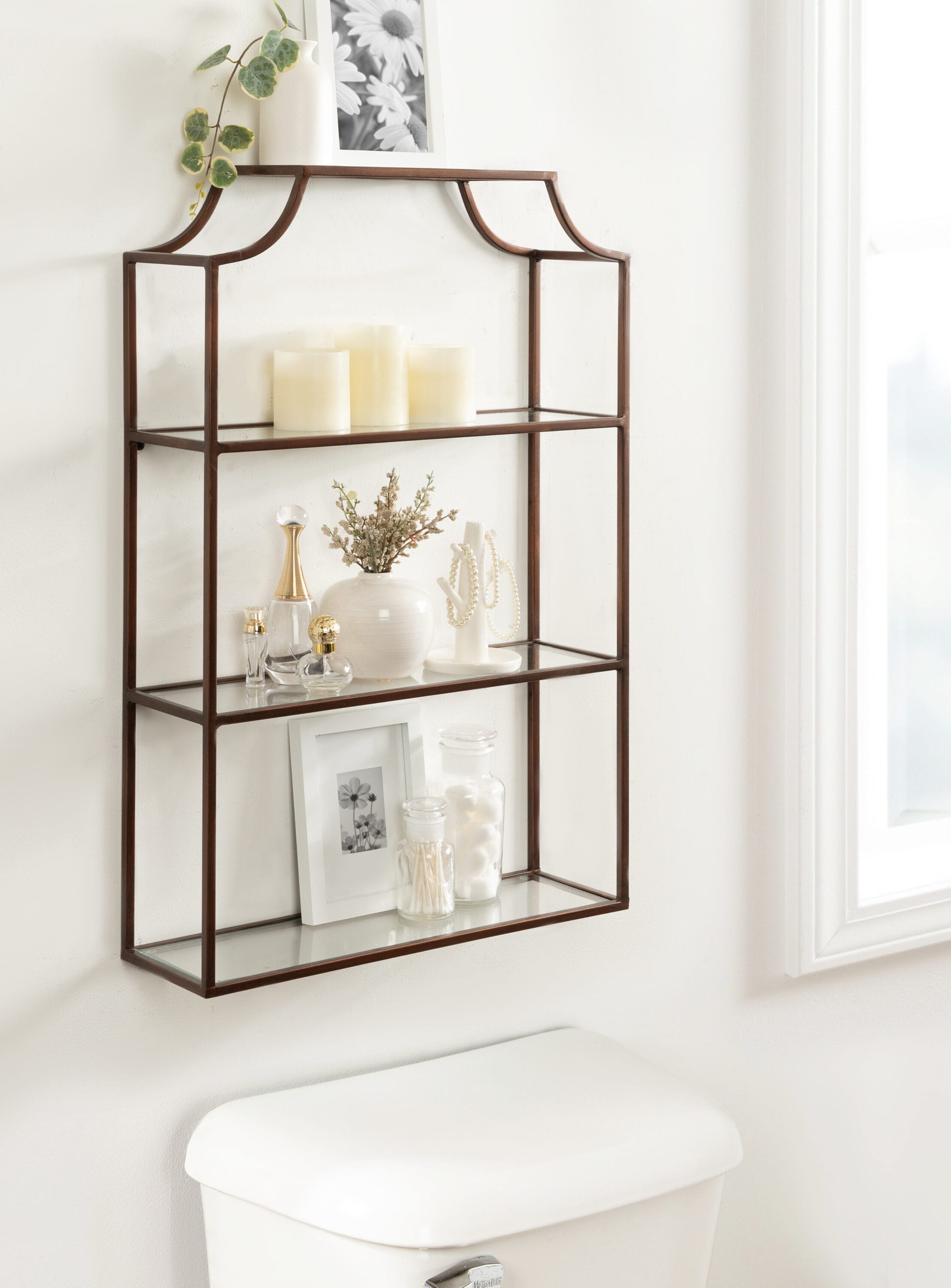 Bronze Metal Geometric Wall Shelf with Glass Tiers