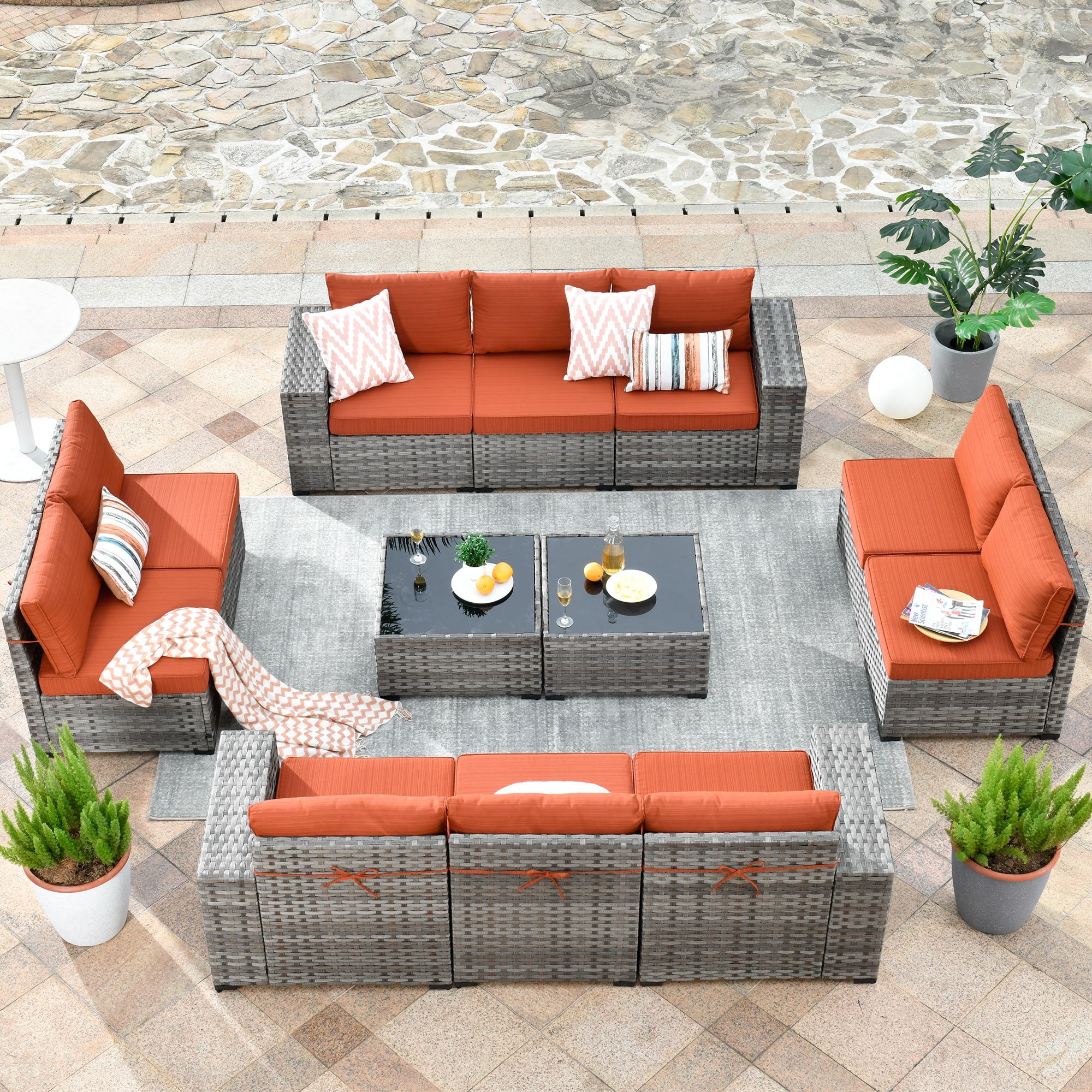 Ovios KFS802 12 -Piece Wicker 2 Patio Sofa Conversation Set with Orange Cushions