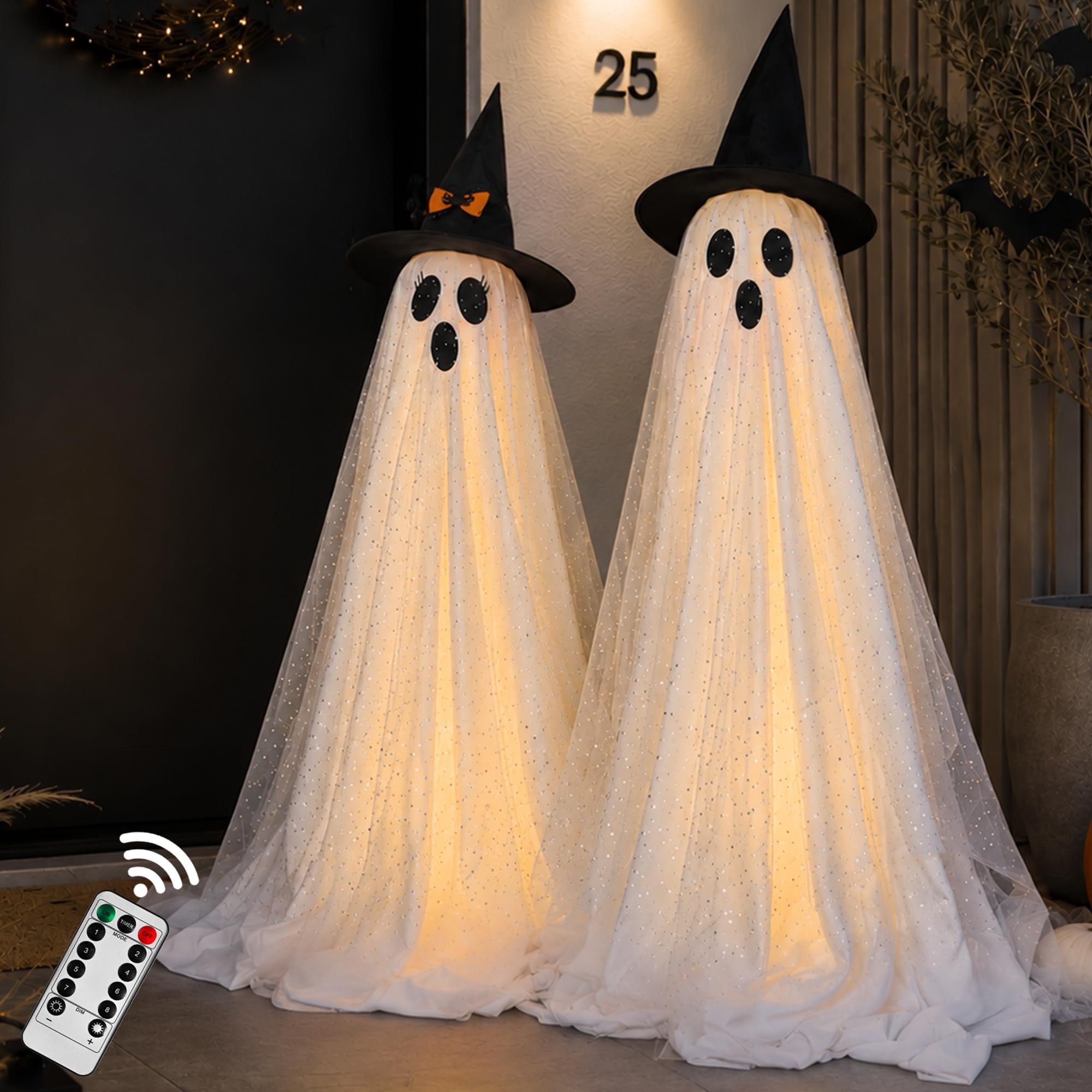 Wudkey 59 Inch Outdoor Halloween Ghost Decorations with String Lights and Remote Control Spooky Ghost Yard Decor for Porch Garden Lawn Party