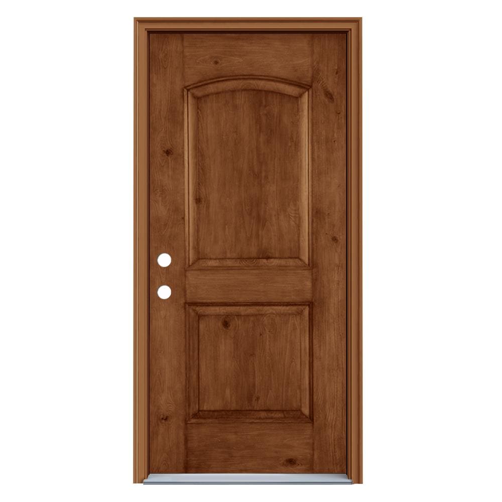 JELD-WEN LOWOLJW232400010 36-in x 80-in x 4-9/16-in Fiberglass No glass Right-hand inswing Hazelnut Stained Prehung Front Door with Brickmould Insulating core