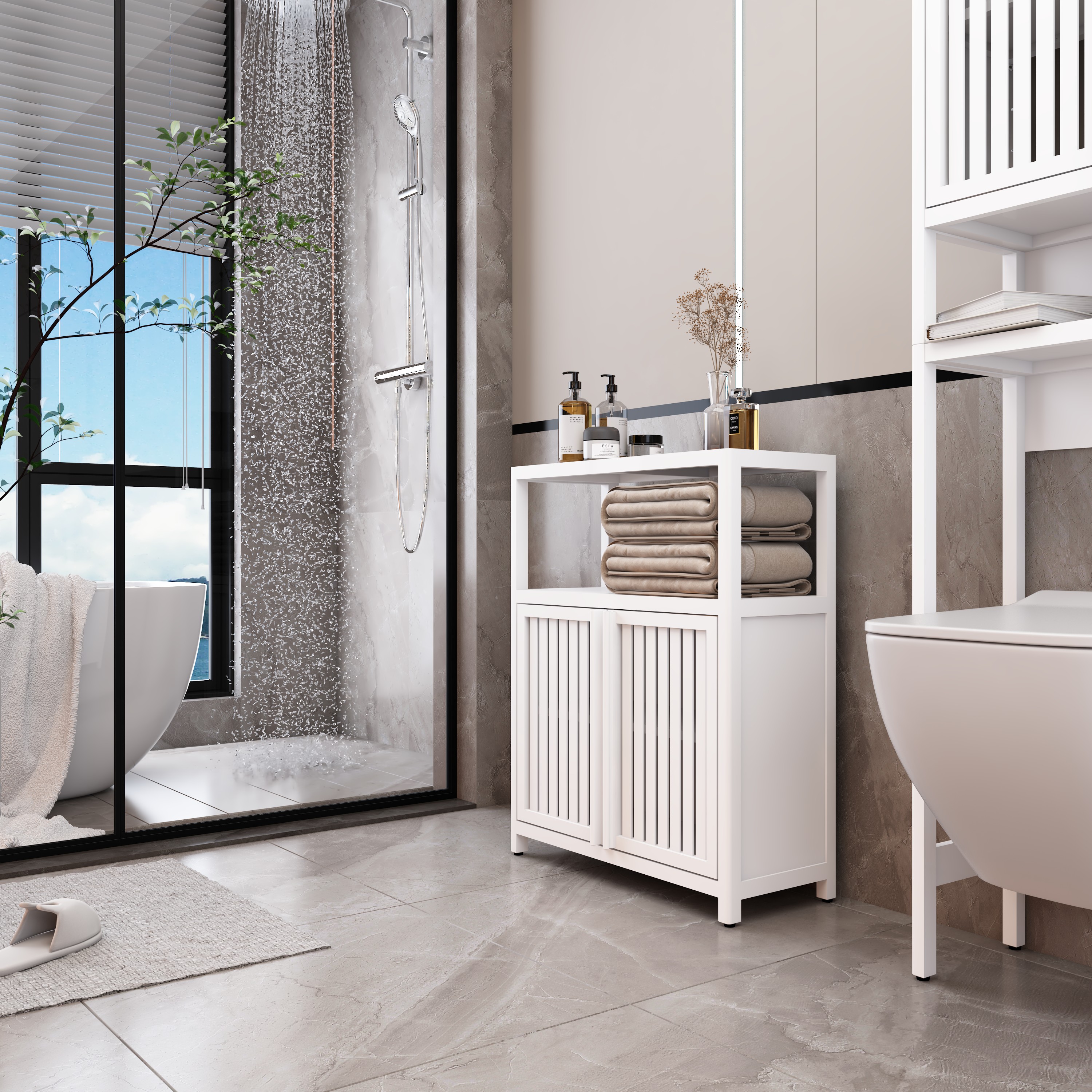 GDFStudio Kyoto 24.5 in. Wide Multifunctional Large Capacity Solid Bamboo Wood Freestanding Storage Cabinet with Louver Doors for Bathroom Living Room - White